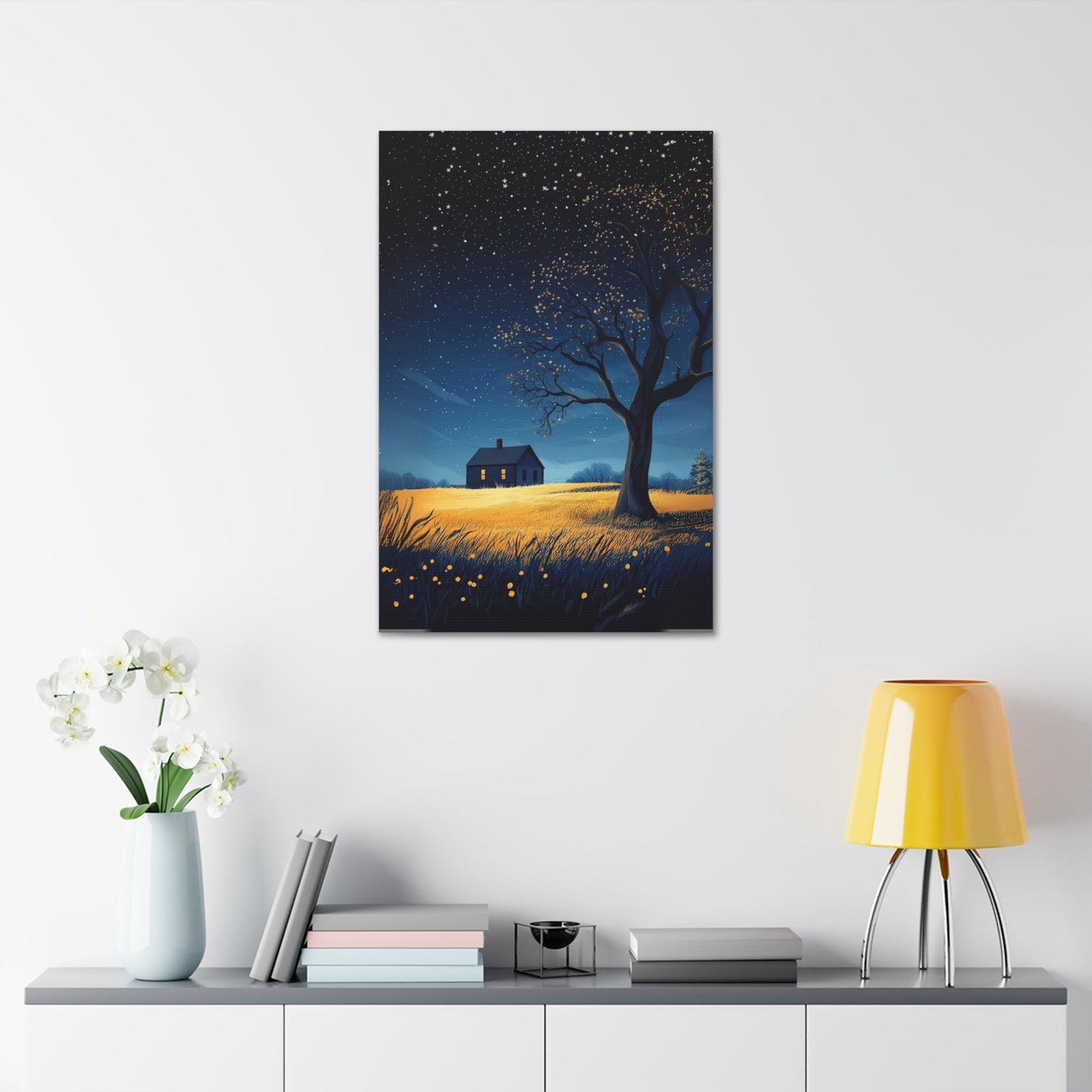 Starry Night Canvas Wall Art, Cozy Home Decor, Night Sky Illustration, Modern Wall Hanging, Bedroom or Living Room Art - Metamorphosis Creations