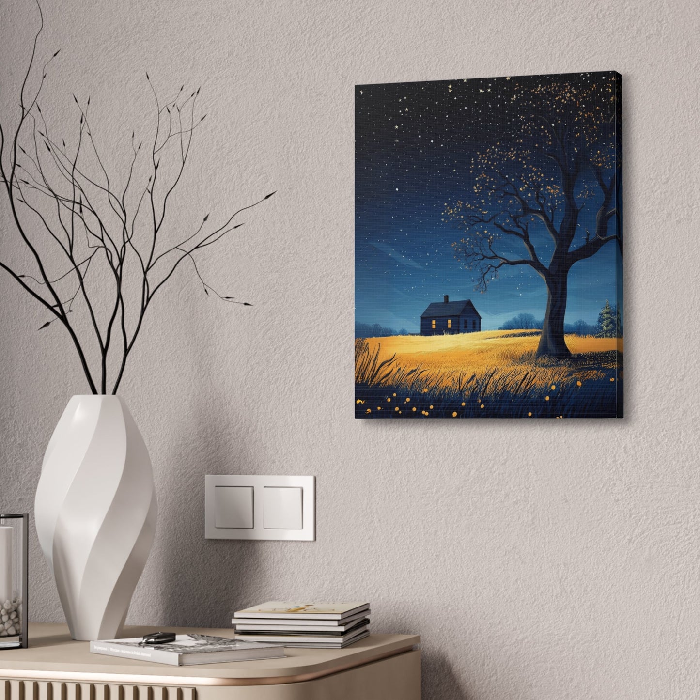 Starry Night Canvas Wall Art, Cozy Home Decor, Night Sky Illustration, Modern Wall Hanging, Bedroom or Living Room Art - Metamorphosis Creations