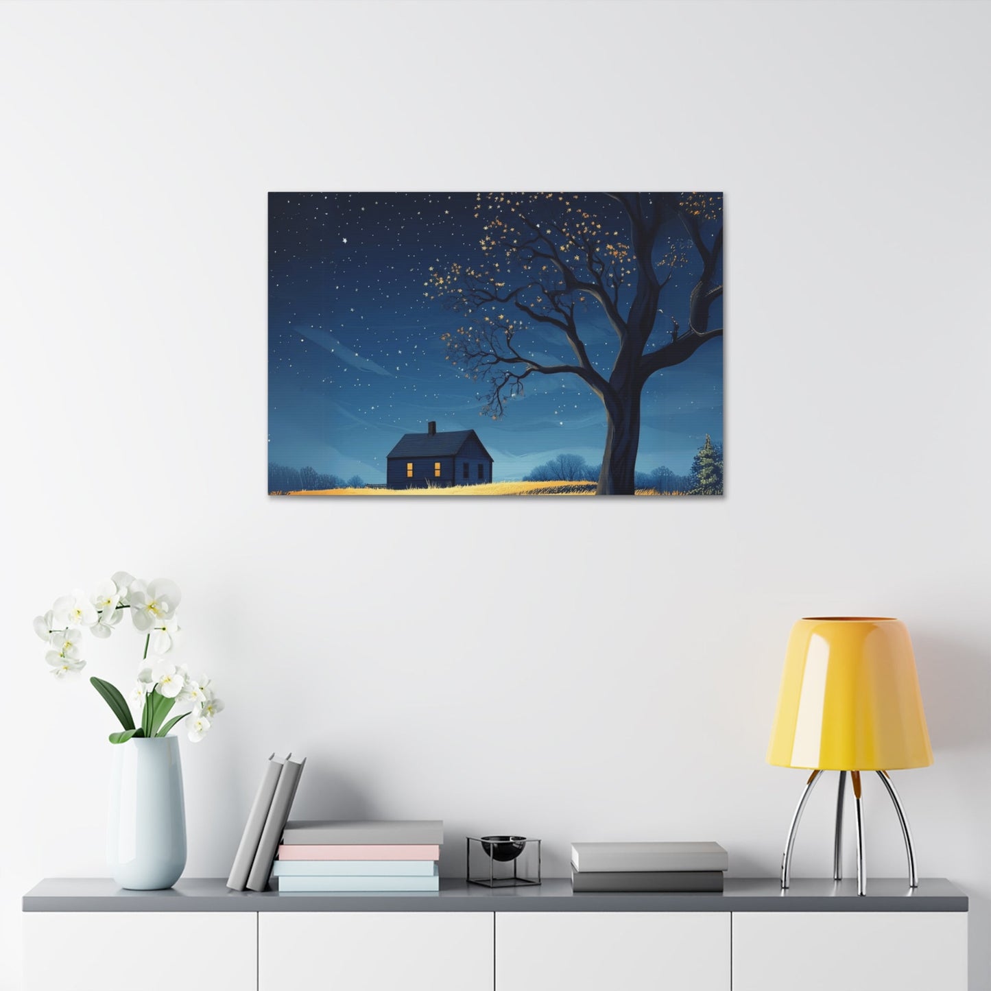 Starry Night Canvas Wall Art, Cozy Home Decor, Night Sky Illustration, Modern Wall Hanging, Bedroom or Living Room Art - Metamorphosis Creations