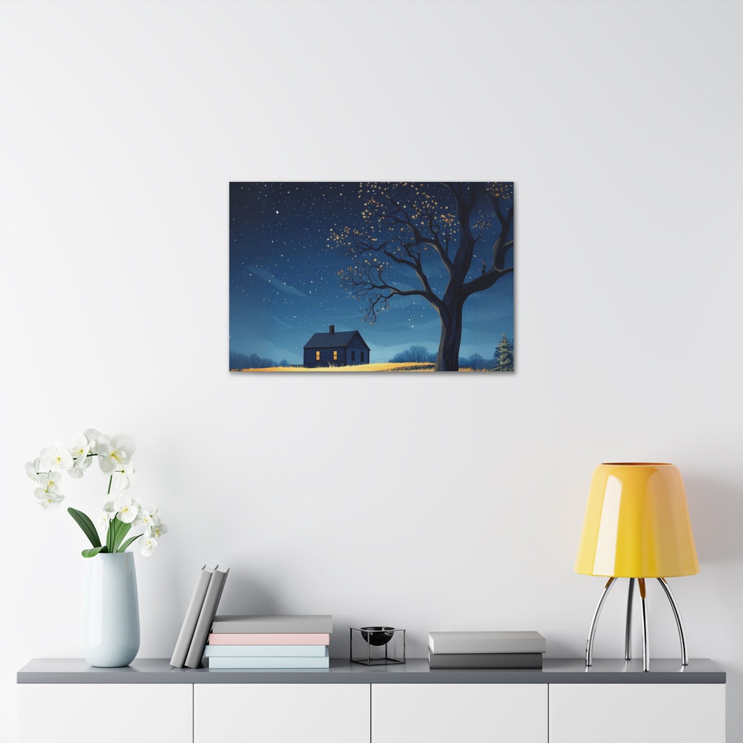 Starry Night Canvas Wall Art, Cozy Home Decor, Night Sky Illustration, Modern Wall Hanging, Bedroom or Living Room Art - Metamorphosis Creations
