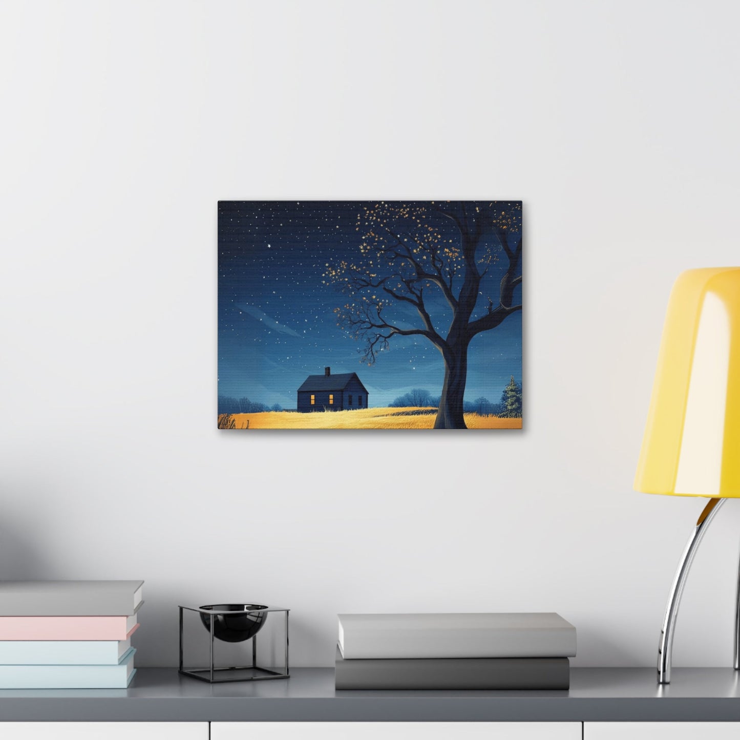 Starry Night Canvas Wall Art, Cozy Home Decor, Night Sky Illustration, Modern Wall Hanging, Bedroom or Living Room Art - Metamorphosis Creations