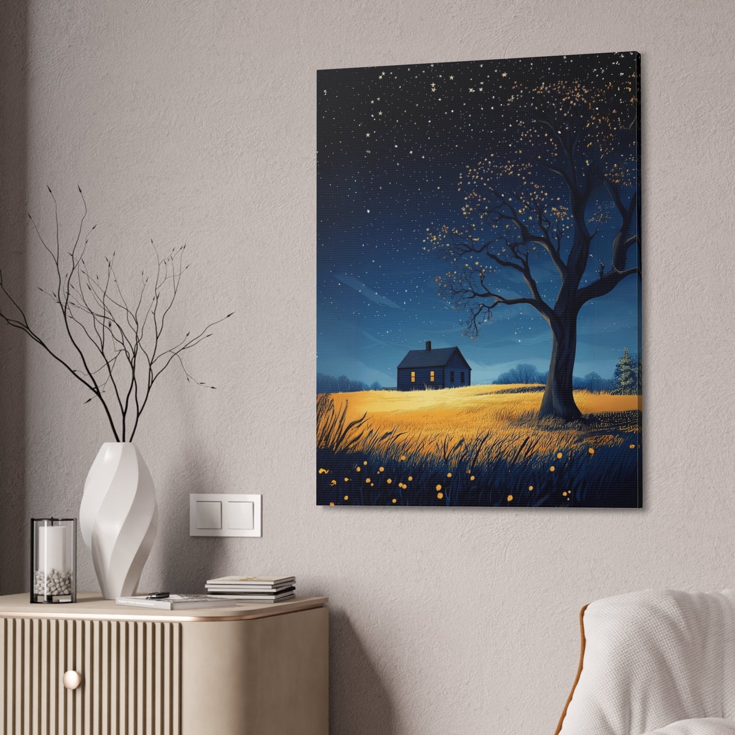 Starry Night Canvas Wall Art, Cozy Home Decor, Night Sky Illustration, Modern Wall Hanging, Bedroom or Living Room Art - Metamorphosis Creations