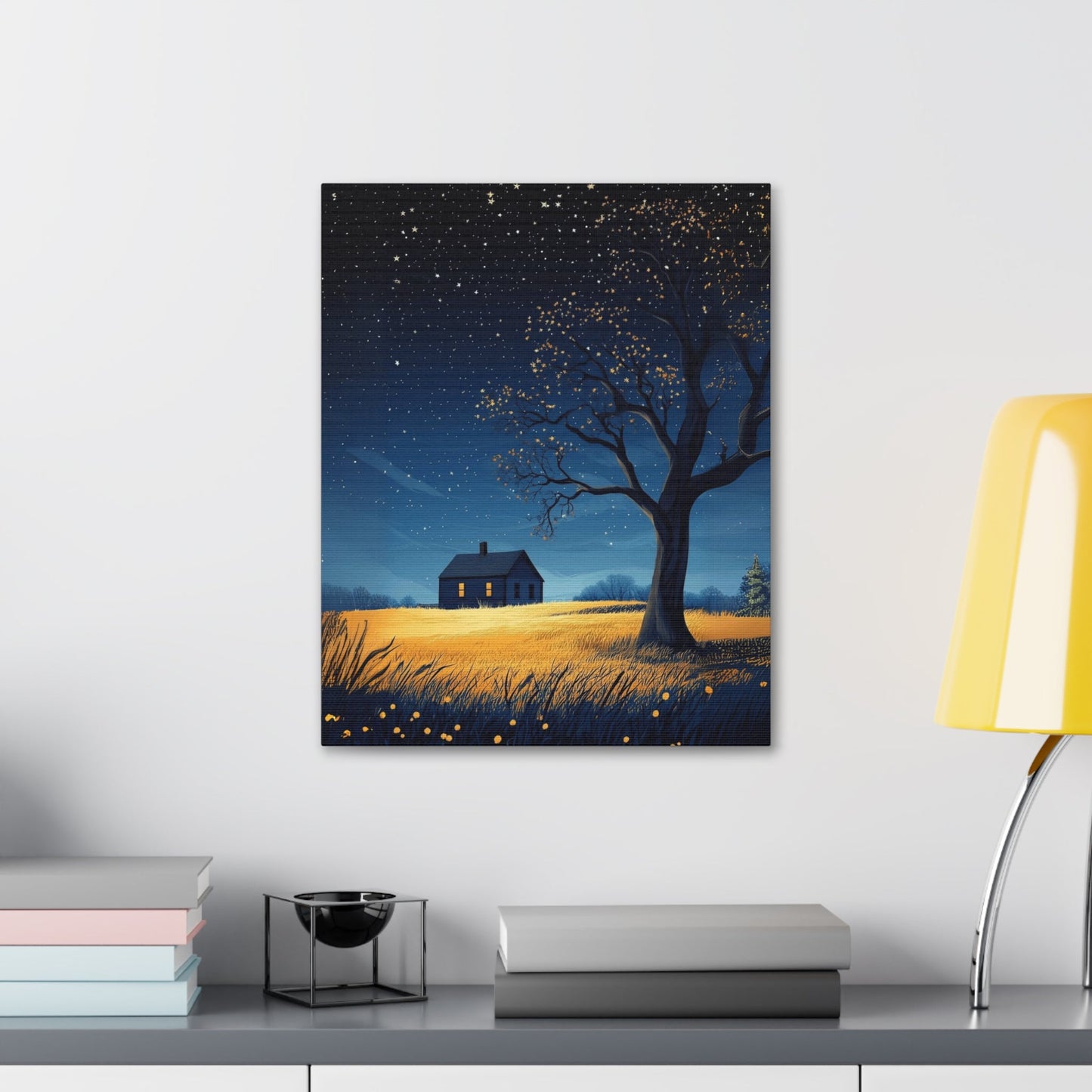 Starry Night Canvas Wall Art, Cozy Home Decor, Night Sky Illustration, Modern Wall Hanging, Bedroom or Living Room Art - Metamorphosis Creations