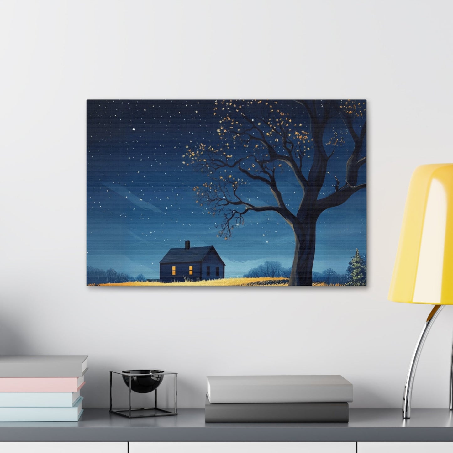 Starry Night Canvas Wall Art, Cozy Home Decor, Night Sky Illustration, Modern Wall Hanging, Bedroom or Living Room Art - Metamorphosis Creations