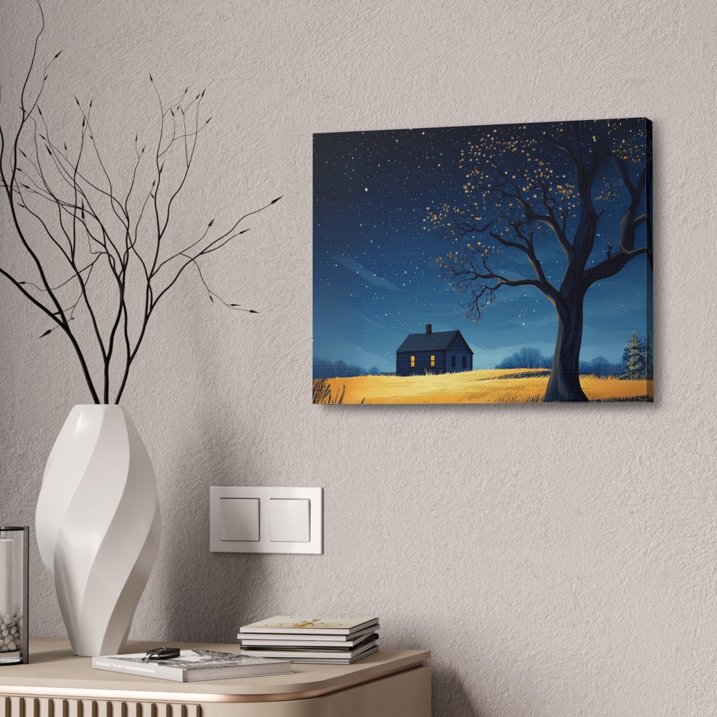 Starry Night Canvas Wall Art, Cozy Home Decor, Night Sky Illustration, Modern Wall Hanging, Bedroom or Living Room Art - Metamorphosis Creations