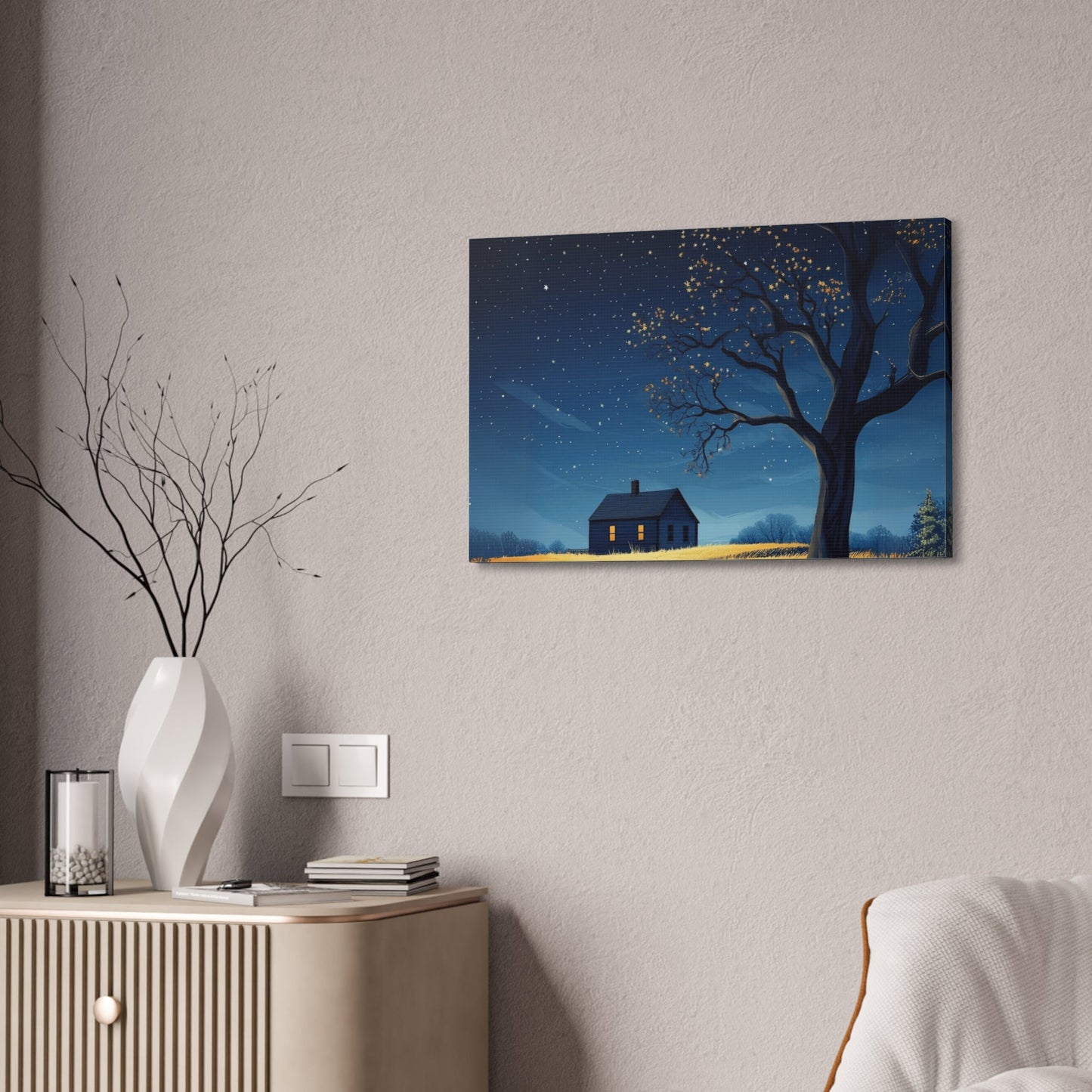 Starry Night Canvas Wall Art, Cozy Home Decor, Night Sky Illustration, Modern Wall Hanging, Bedroom or Living Room Art - Metamorphosis Creations