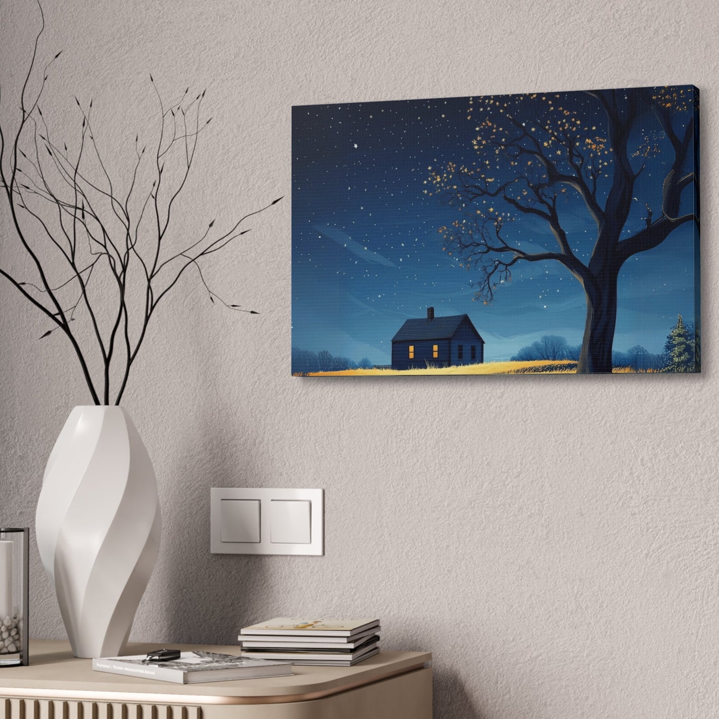 Starry Night Canvas Wall Art, Cozy Home Decor, Night Sky Illustration, Modern Wall Hanging, Bedroom or Living Room Art - Metamorphosis Creations