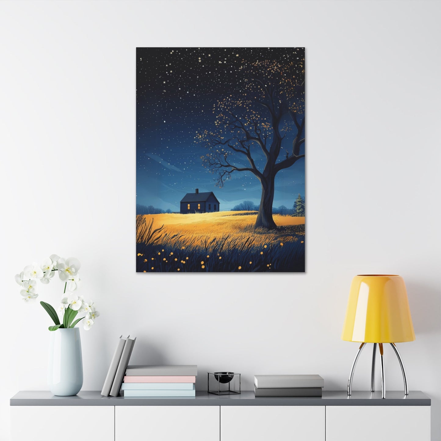 Starry Night Canvas Wall Art, Cozy Home Decor, Night Sky Illustration, Modern Wall Hanging, Bedroom or Living Room Art - Metamorphosis Creations