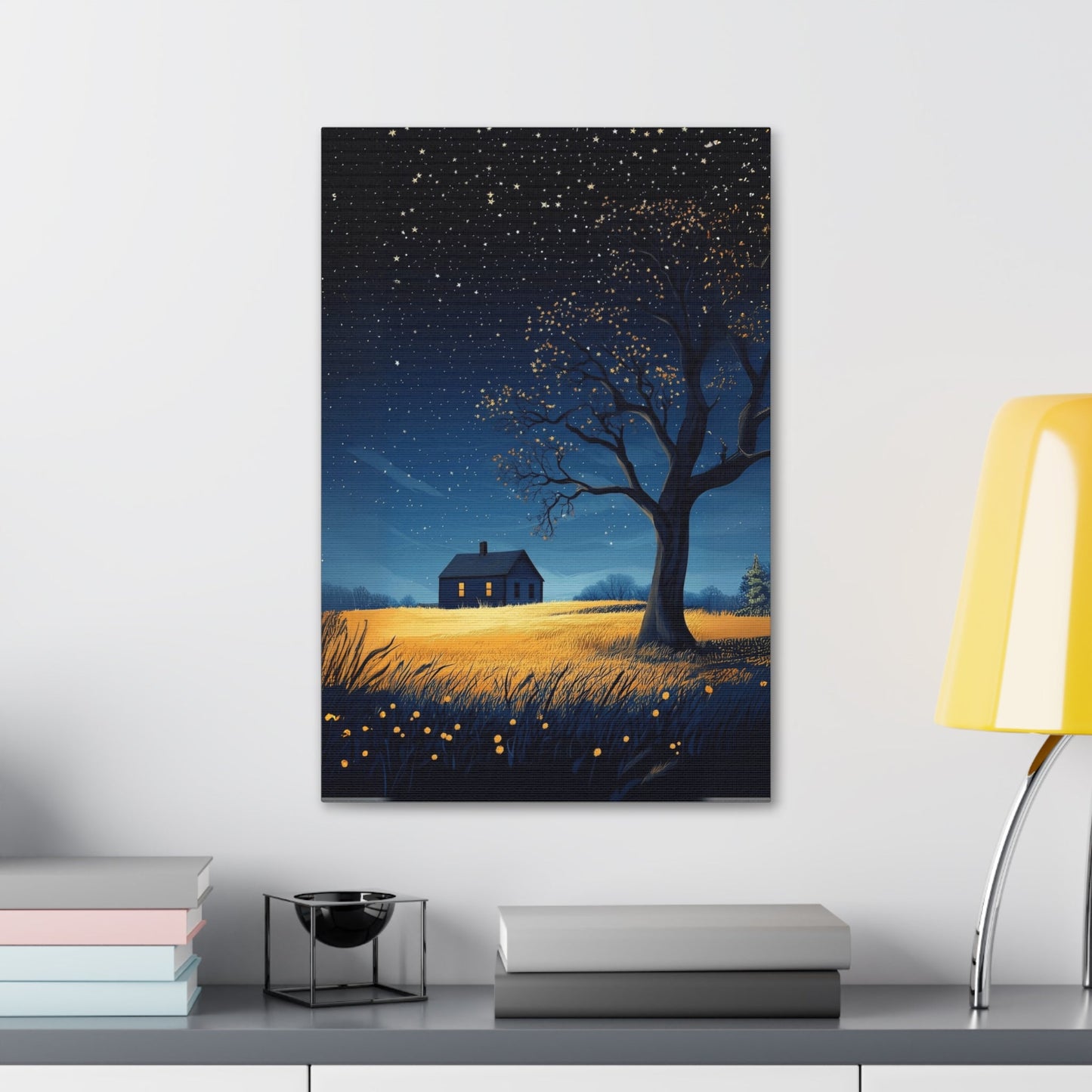 Starry Night Canvas Wall Art, Cozy Home Decor, Night Sky Illustration, Modern Wall Hanging, Bedroom or Living Room Art - Metamorphosis Creations