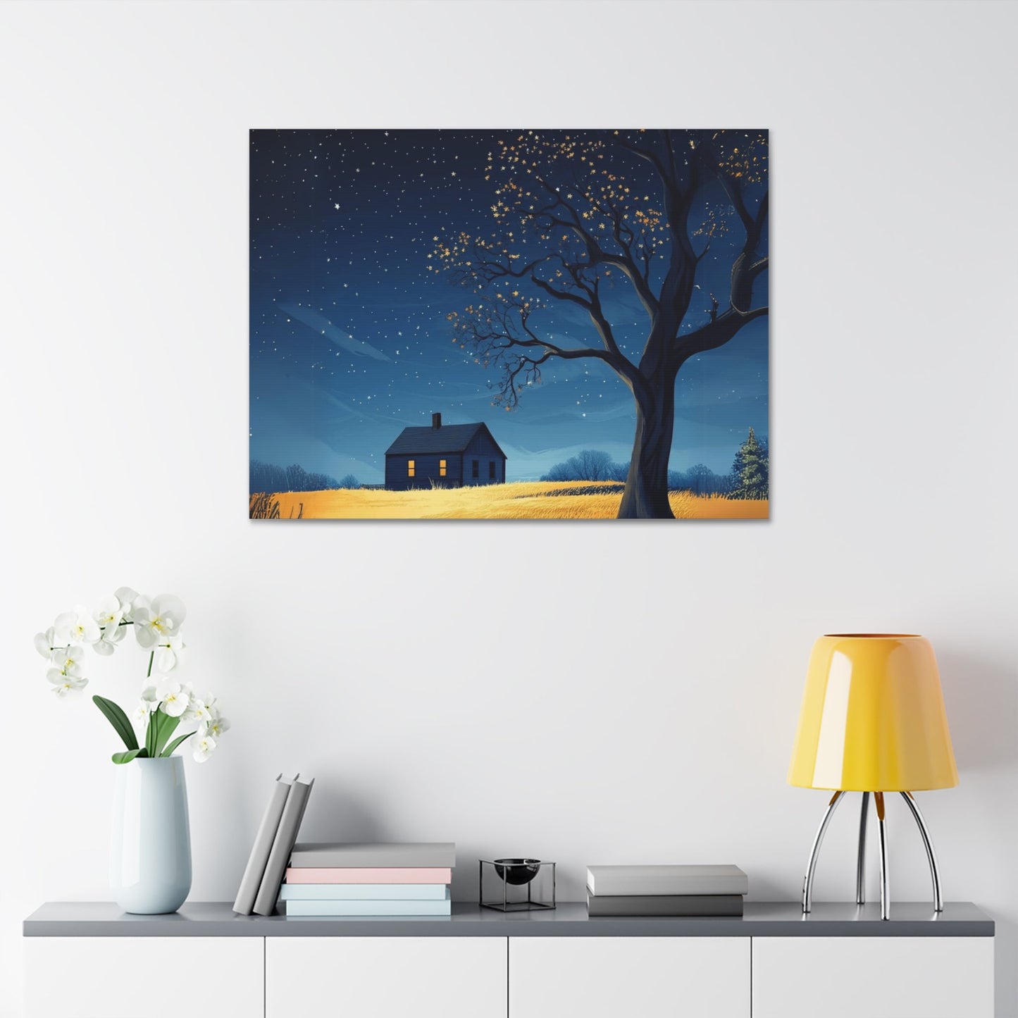 Starry Night Canvas Wall Art, Cozy Home Decor, Night Sky Illustration, Modern Wall Hanging, Bedroom or Living Room Art - Metamorphosis Creations