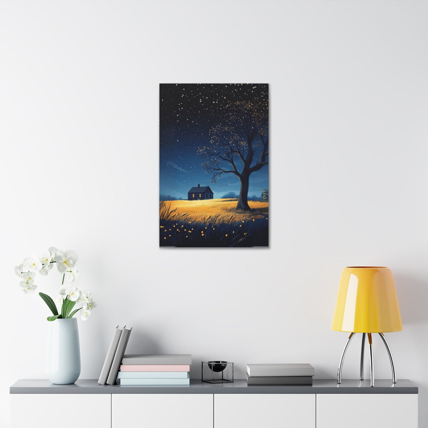 Starry Night Canvas Wall Art, Cozy Home Decor, Night Sky Illustration, Modern Wall Hanging, Bedroom or Living Room Art - Metamorphosis Creations