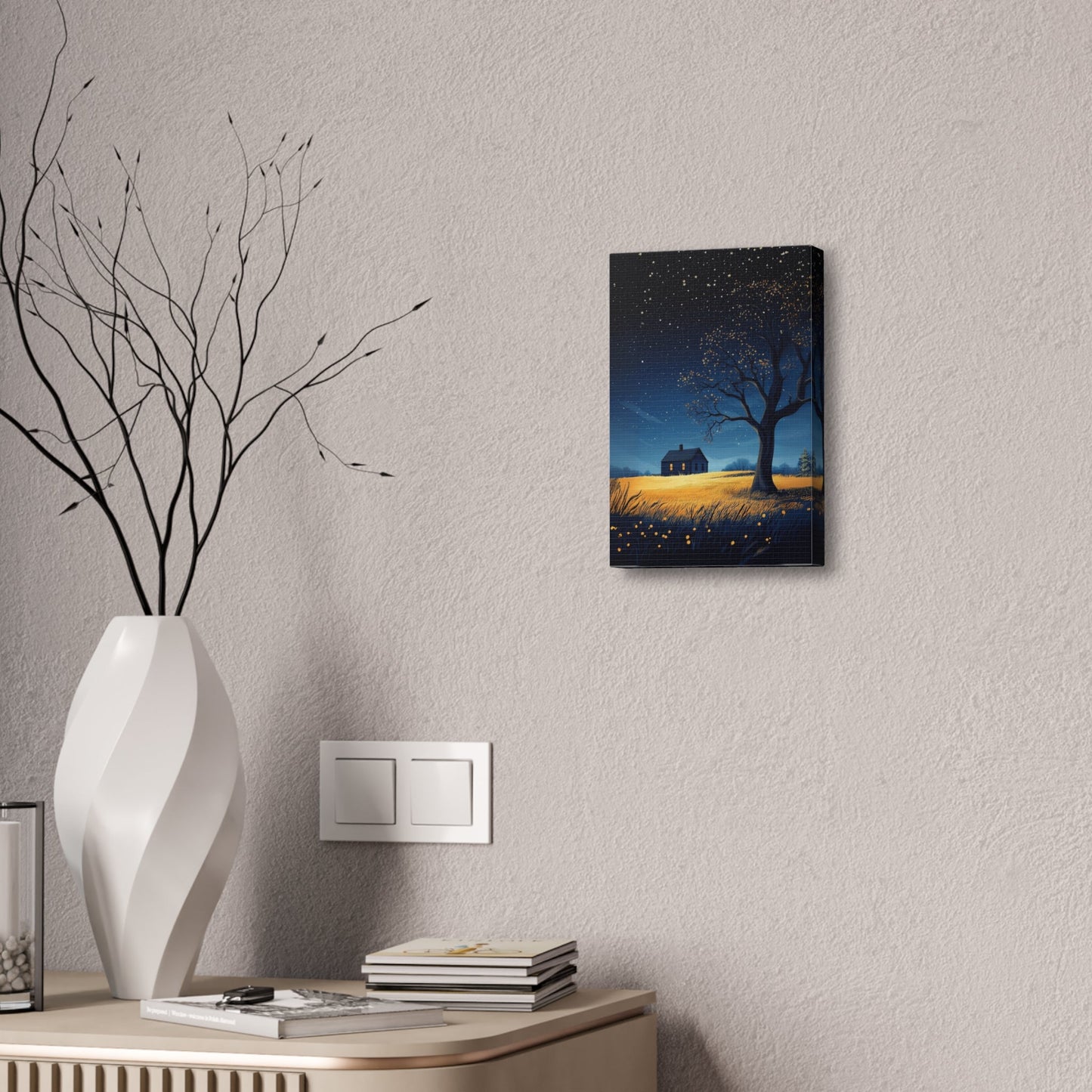 Starry Night Canvas Wall Art, Cozy Home Decor, Night Sky Illustration, Modern Wall Hanging, Bedroom or Living Room Art - Metamorphosis Creations