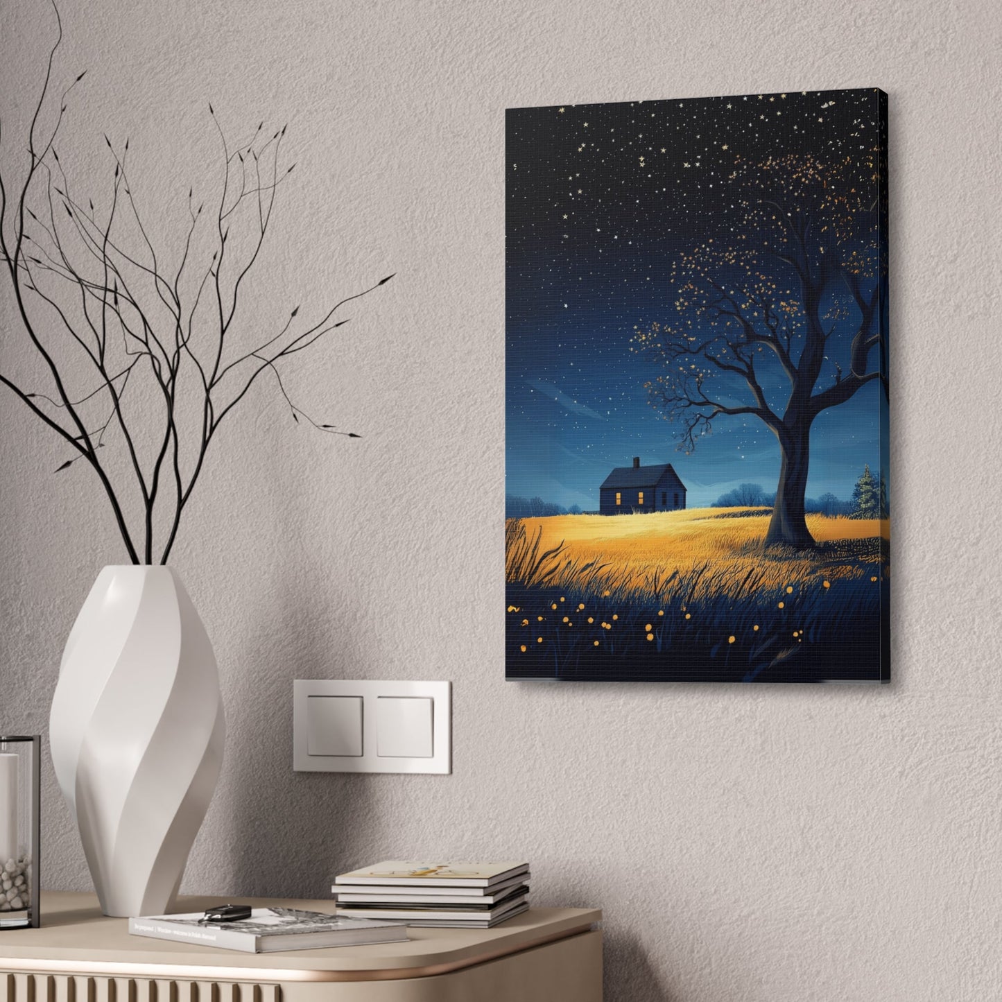 Starry Night Canvas Wall Art, Cozy Home Decor, Night Sky Illustration, Modern Wall Hanging, Bedroom or Living Room Art - Metamorphosis Creations