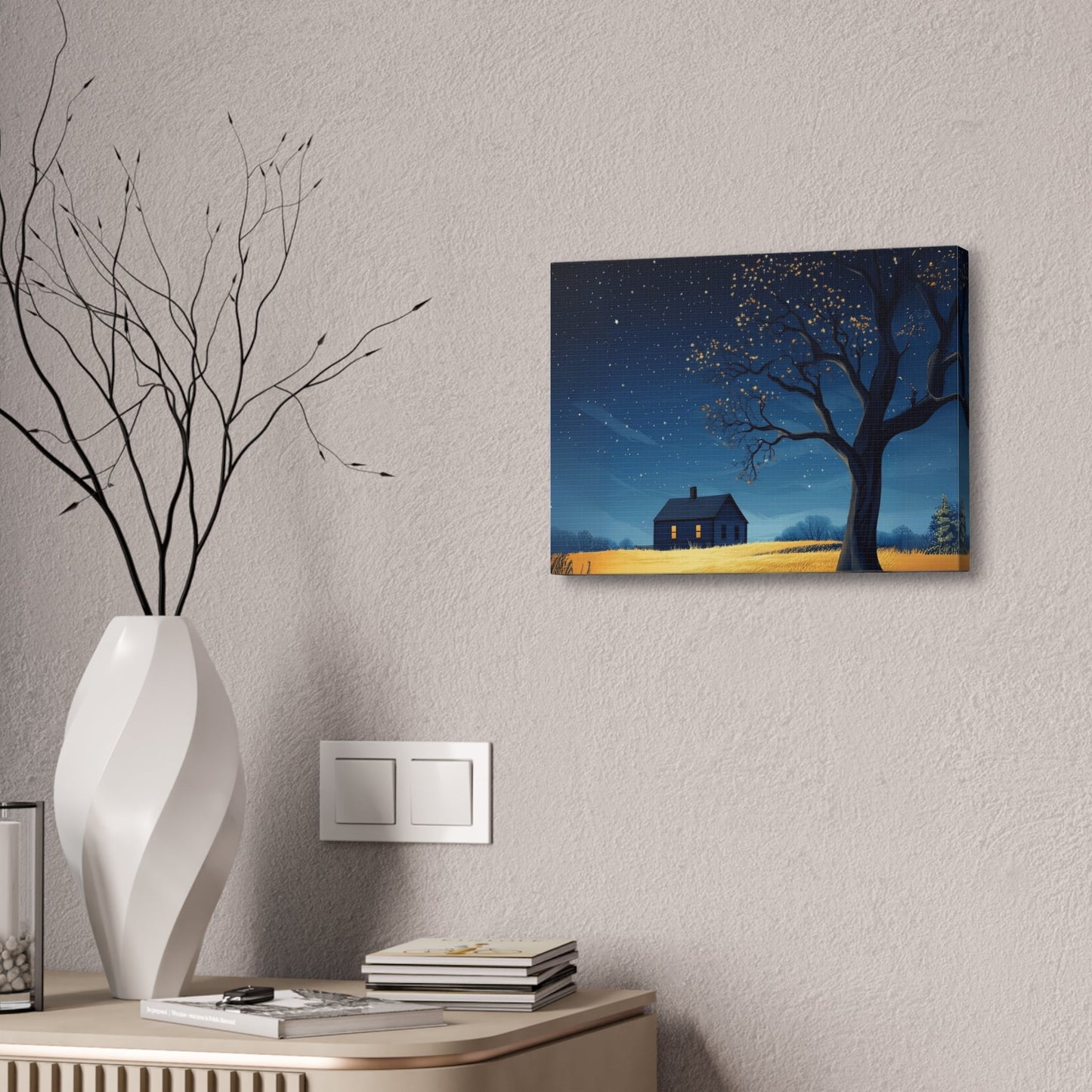 Starry Night Canvas Wall Art, Cozy Home Decor, Night Sky Illustration, Modern Wall Hanging, Bedroom or Living Room Art - Metamorphosis Creations