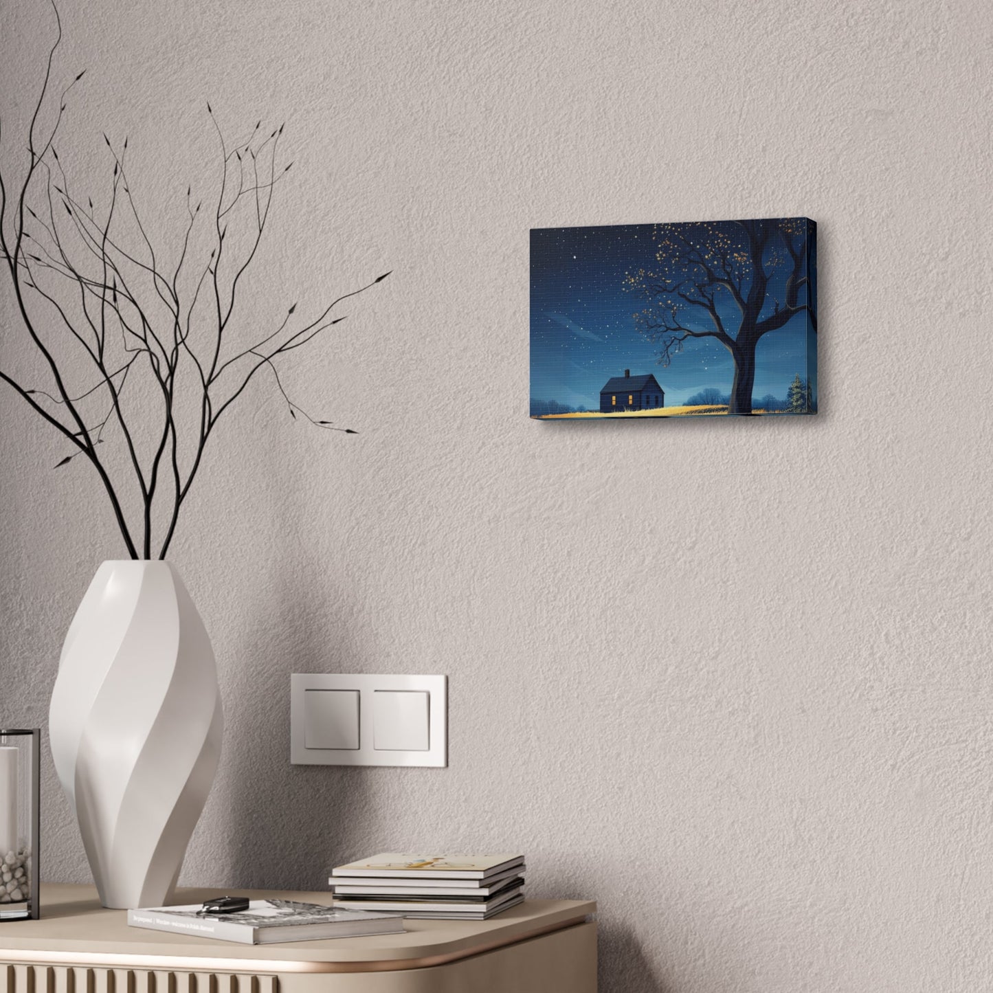 Starry Night Canvas Wall Art, Cozy Home Decor, Night Sky Illustration, Modern Wall Hanging, Bedroom or Living Room Art - Metamorphosis Creations