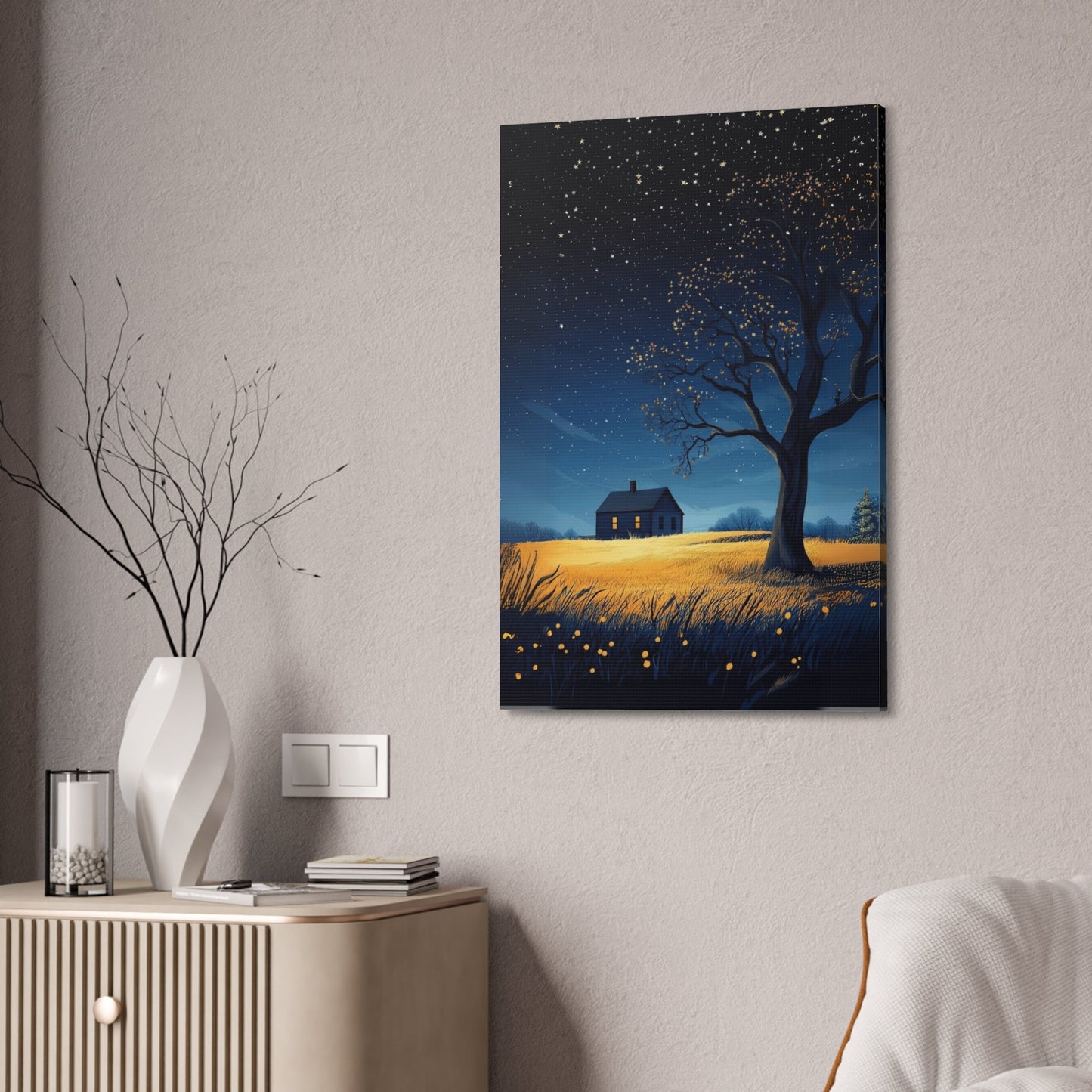 Starry Night Canvas Wall Art, Cozy Home Decor, Night Sky Illustration, Modern Wall Hanging, Bedroom or Living Room Art - Metamorphosis Creations