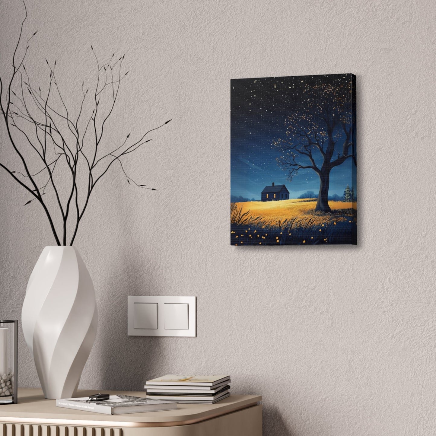 Starry Night Canvas Wall Art, Cozy Home Decor, Night Sky Illustration, Modern Wall Hanging, Bedroom or Living Room Art - Metamorphosis Creations
