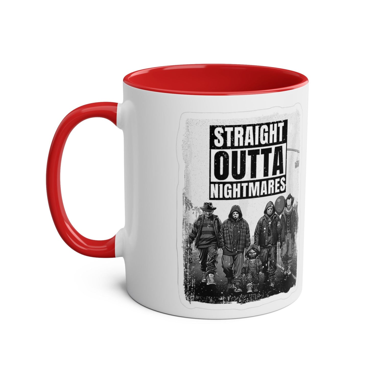 Straight Outta Nightmares Two - Tone Coffee Mug, Unique Gift for Halloween, Fun Office Decor, Red Handle Mug, Collectible Coffee Cup - Metamorphosis Creations