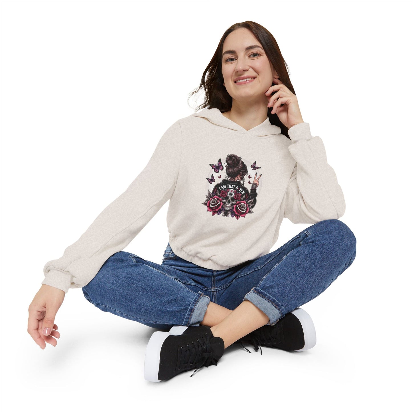 Too Cool to Be Cold” Funny SweaterStylish Women's Cinched Bottom Hoodie with Floral Design, Cozy Hoodie, Casual Fashion, Gift for Her, Everyday Wear - Metamorphosis Creations