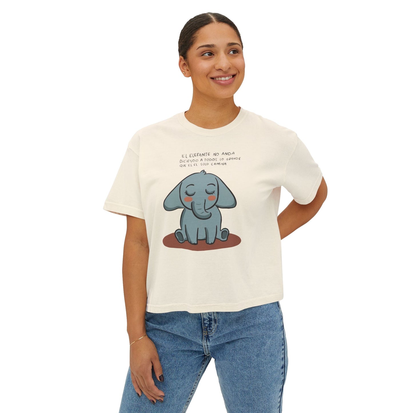 🌸 🧘♀️ Viste tu paz – Que tu energía hable primero Cute Elephant Women's Boxy Tee, Relaxed Fit Shirt, Gift for Animal Lovers, Casual Wear, - Metamorphosis Creations