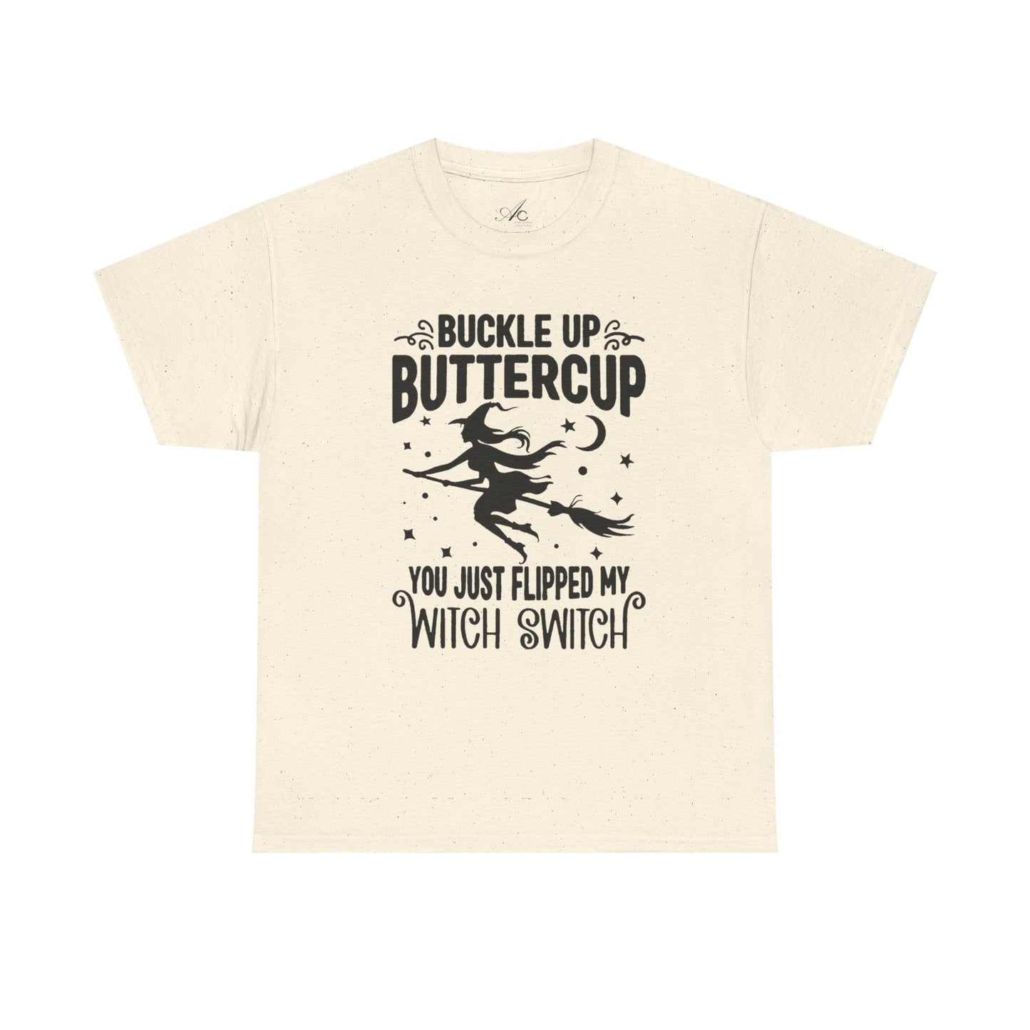Witchy Humor Tee - Buckle Up Buttercup, Unisex Heavy Cotton Tee, Halloween Shirt, Casual Wear, Gift for Her, Funny T-Shirt - Metamorphosis Creations