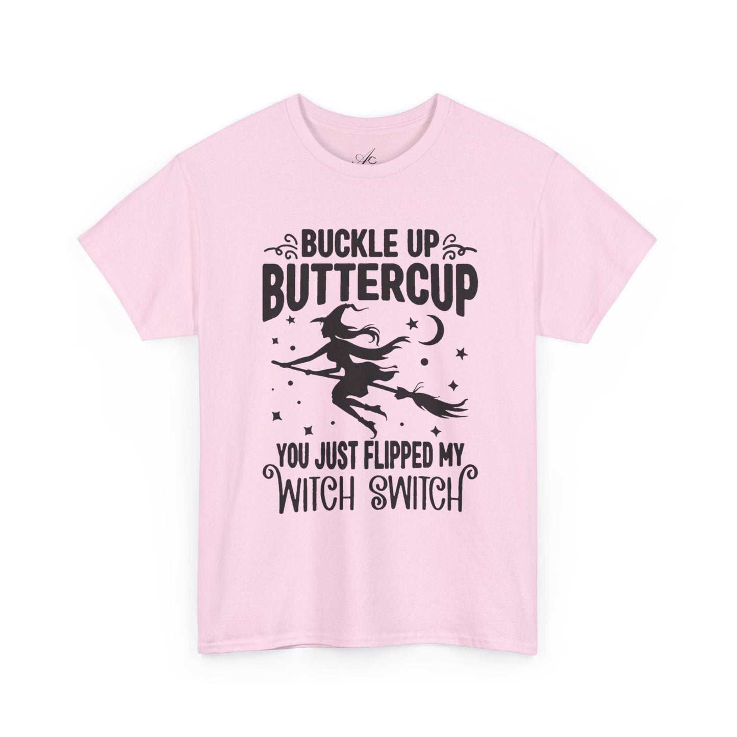Witchy Humor Tee - Buckle Up Buttercup, Unisex Heavy Cotton Tee, Halloween Shirt, Casual Wear, Gift for Her, Funny T-Shirt - Metamorphosis Creations