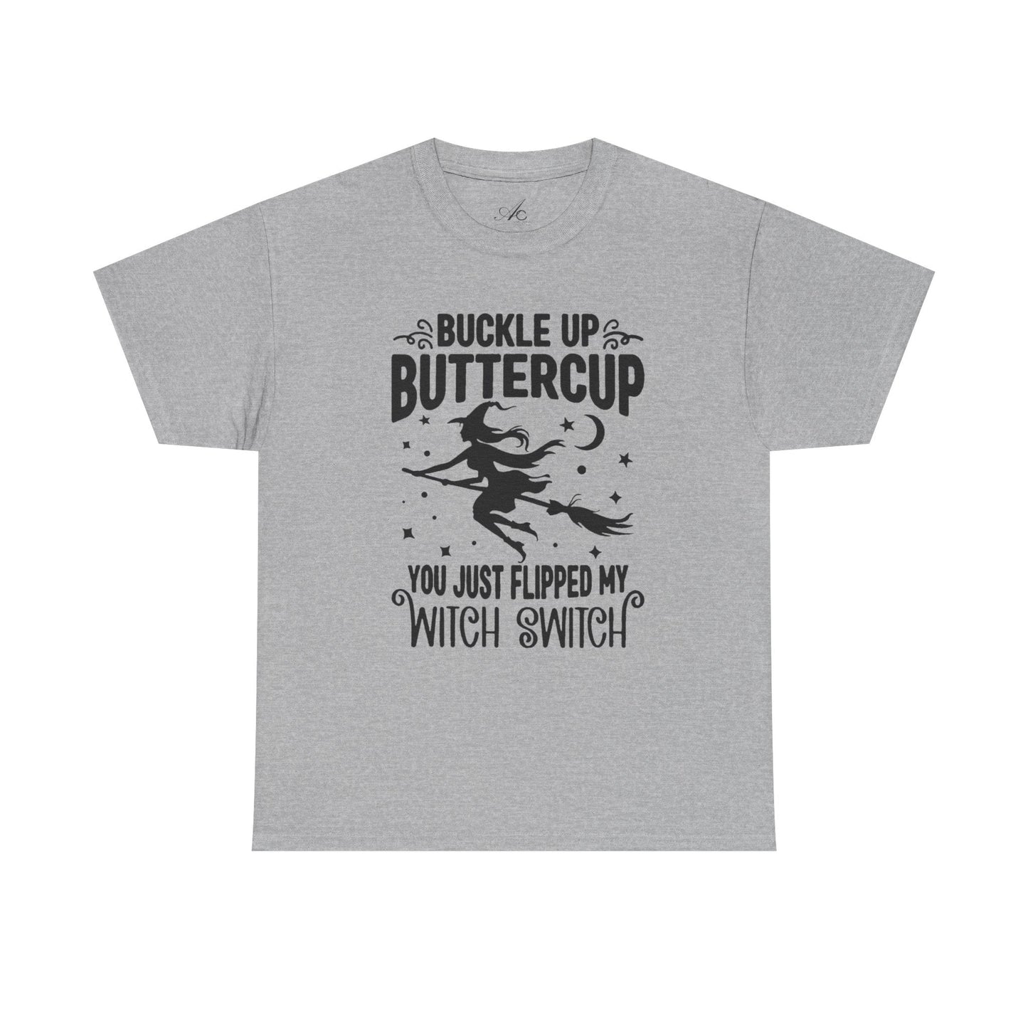 Witchy Humor Tee - Buckle Up Buttercup, Unisex Heavy Cotton Tee, Halloween Shirt, Casual Wear, Gift for Her, Funny T-Shirt - Metamorphosis Creations