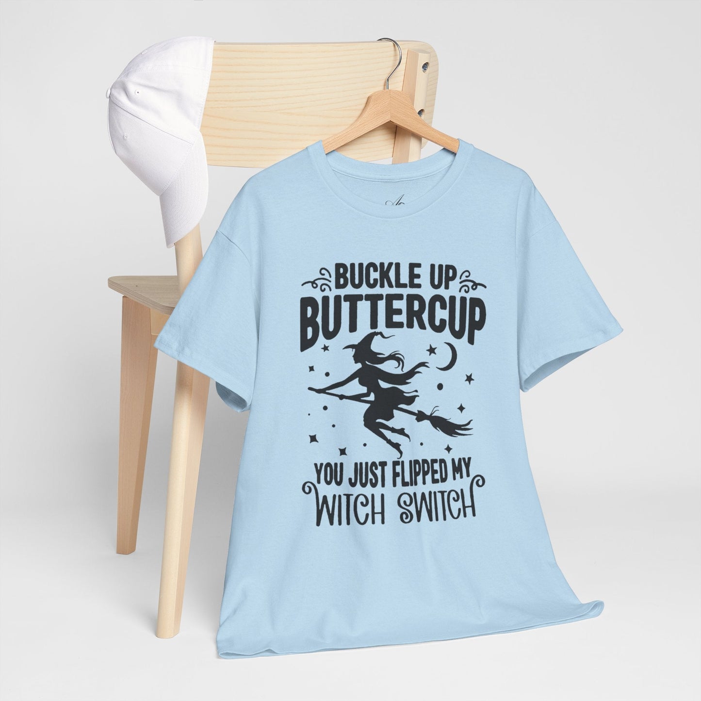 Witchy Humor Tee - Buckle Up Buttercup, Unisex Heavy Cotton Tee, Halloween Shirt, Casual Wear, Gift for Her, Funny T-Shirt - Metamorphosis Creations