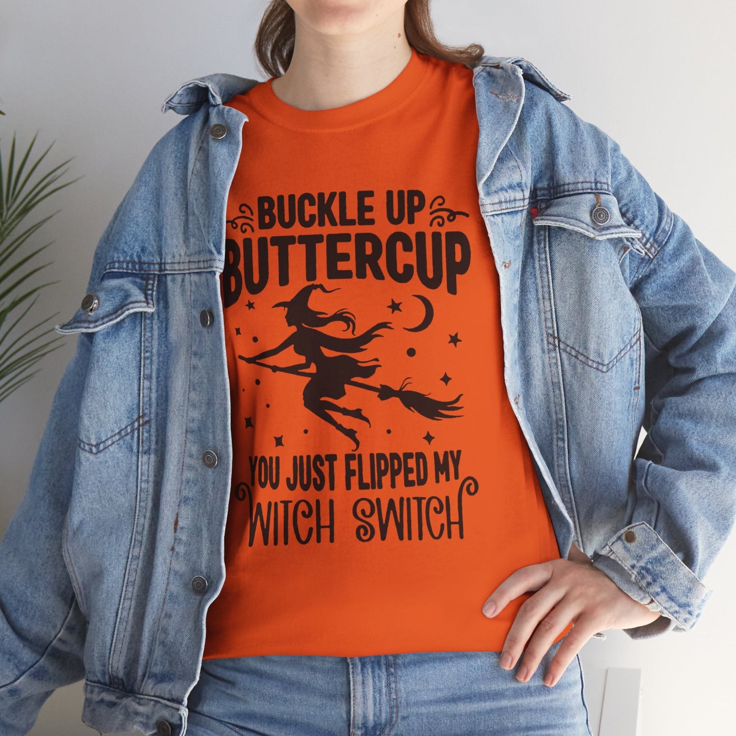 Witchy Humor Tee - Buckle Up Buttercup, Unisex Heavy Cotton Tee, Halloween Shirt, Casual Wear, Gift for Her, Funny T-Shirt - Metamorphosis Creations