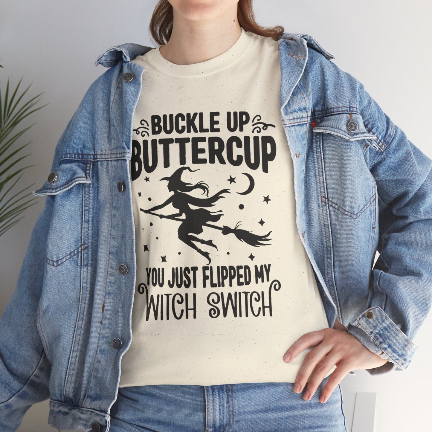 Witchy Humor Tee - Buckle Up Buttercup, Unisex Heavy Cotton Tee, Halloween Shirt, Casual Wear, Gift for Her, Funny T-Shirt - Metamorphosis Creations