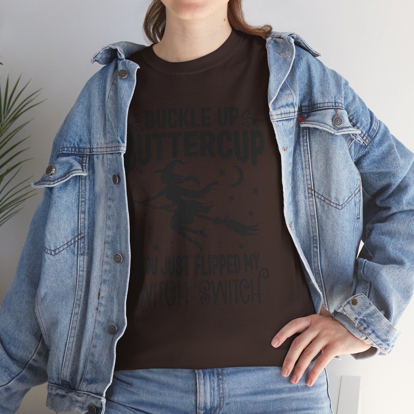 Witchy Humor Tee - Buckle Up Buttercup, Unisex Heavy Cotton Tee, Halloween Shirt, Casual Wear, Gift for Her, Funny T-Shirt - Metamorphosis Creations