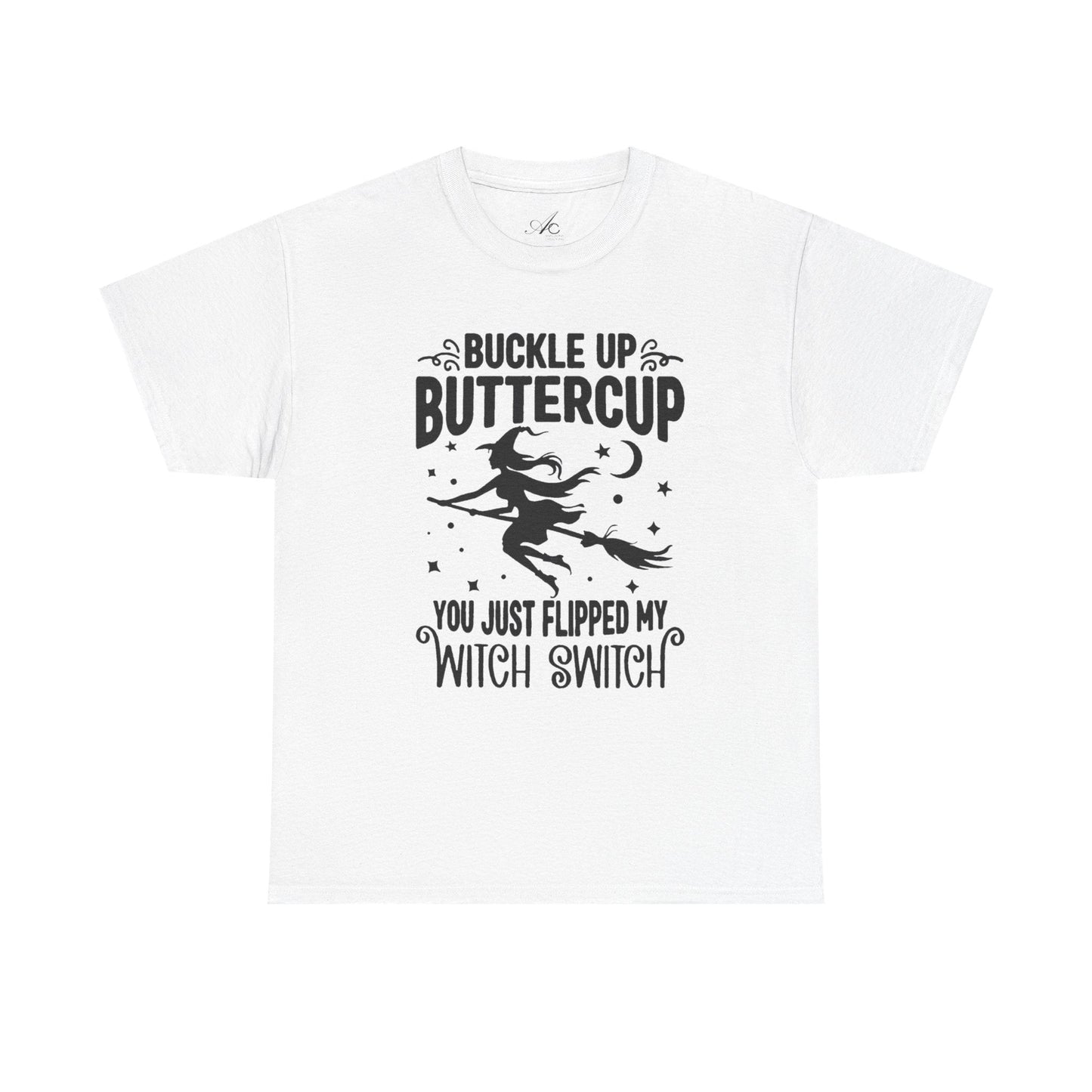 Witchy Humor Tee - Buckle Up Buttercup, Unisex Heavy Cotton Tee, Halloween Shirt, Casual Wear, Gift for Her, Funny T-Shirt - Metamorphosis Creations