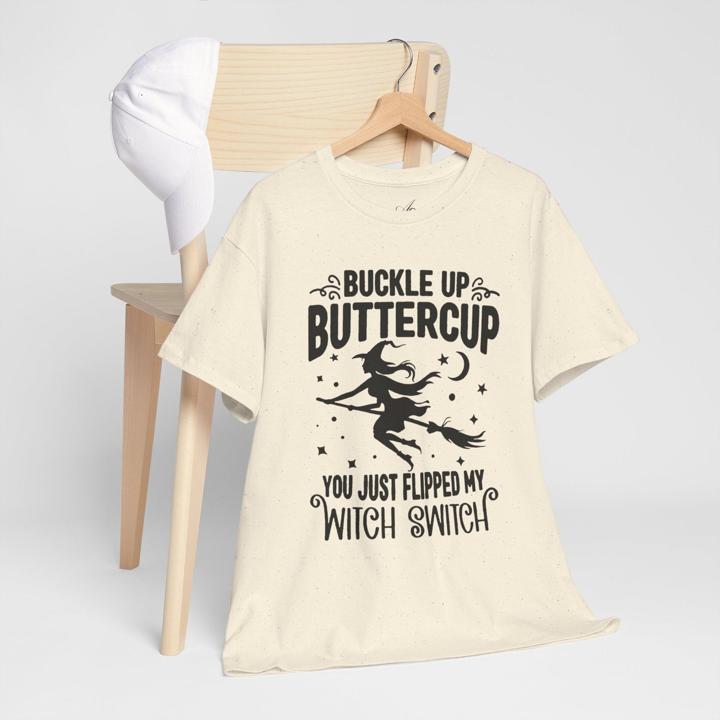 Witchy Humor Tee - Buckle Up Buttercup, Unisex Heavy Cotton Tee, Halloween Shirt, Casual Wear, Gift for Her, Funny T-Shirt - Metamorphosis Creations