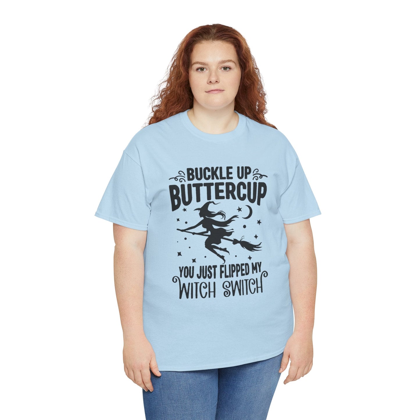 Witchy Humor Tee - Buckle Up Buttercup, Unisex Heavy Cotton Tee, Halloween Shirt, Casual Wear, Gift for Her, Funny T-Shirt - Metamorphosis Creations