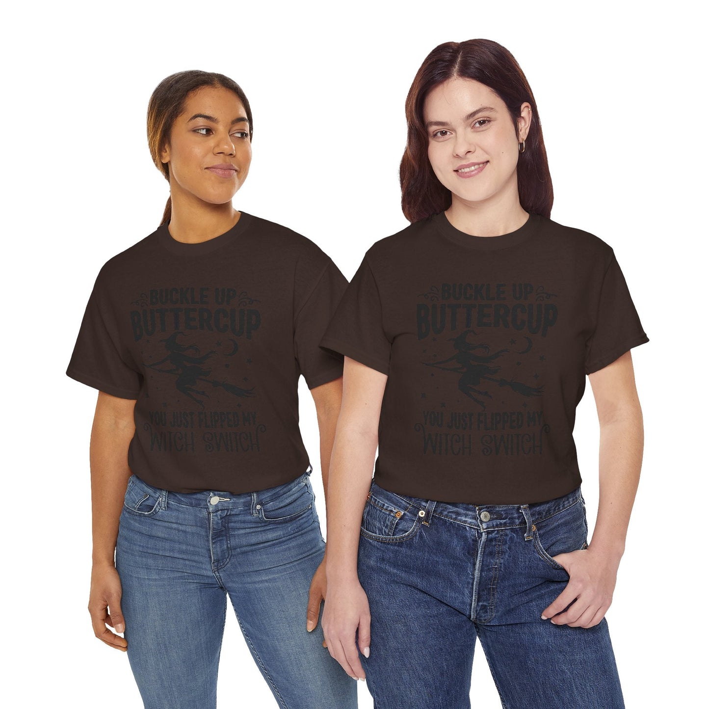 Witchy Humor Tee - Buckle Up Buttercup, Unisex Heavy Cotton Tee, Halloween Shirt, Casual Wear, Gift for Her, Funny T-Shirt - Metamorphosis Creations