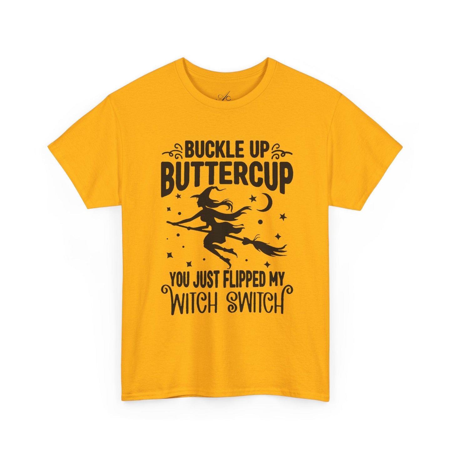 Witchy Humor Tee - Buckle Up Buttercup, Unisex Heavy Cotton Tee, Halloween Shirt, Casual Wear, Gift for Her, Funny T-Shirt - Metamorphosis Creations