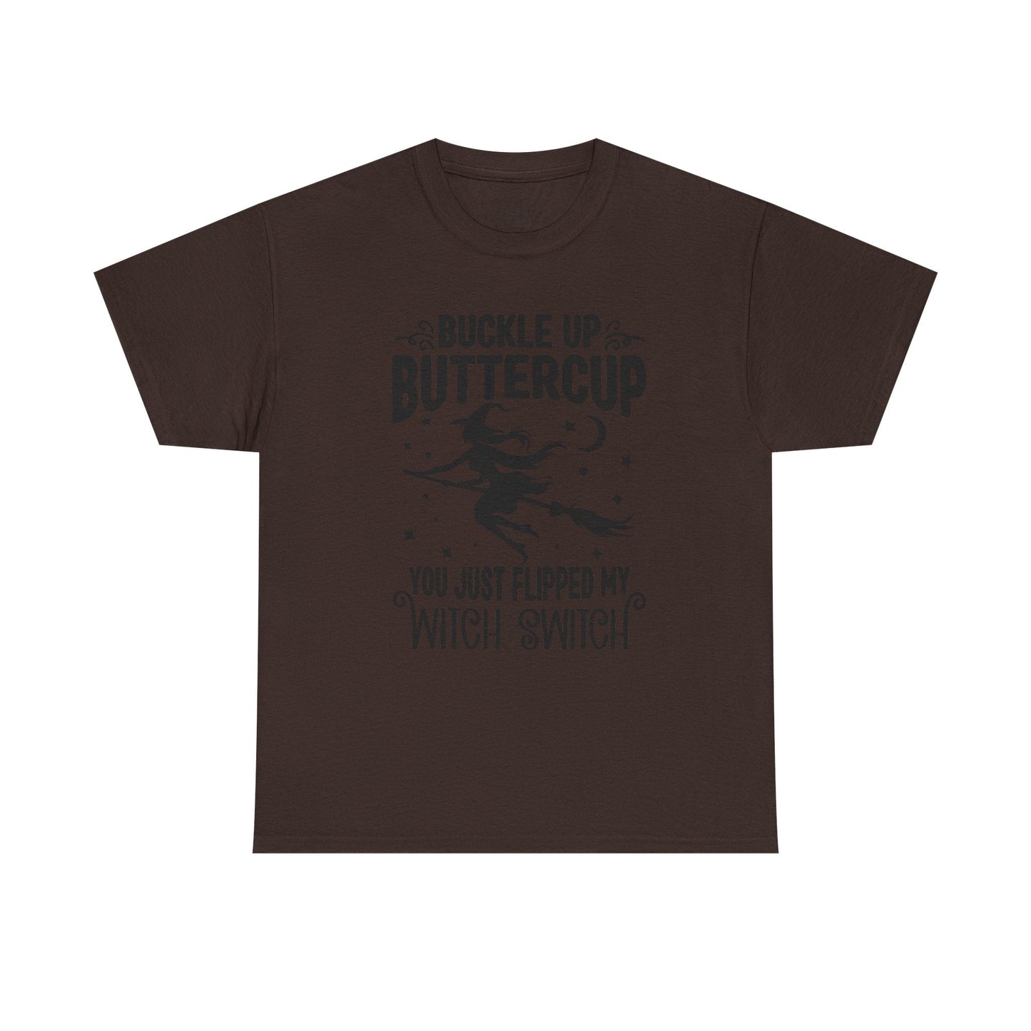 Witchy Humor Tee - Buckle Up Buttercup, Unisex Heavy Cotton Tee, Halloween Shirt, Casual Wear, Gift for Her, Funny T-Shirt - Metamorphosis Creations
