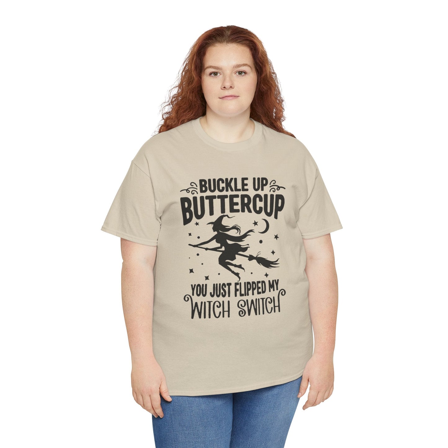Witchy Humor Tee - Buckle Up Buttercup, Unisex Heavy Cotton Tee, Halloween Shirt, Casual Wear, Gift for Her, Funny T-Shirt - Metamorphosis Creations