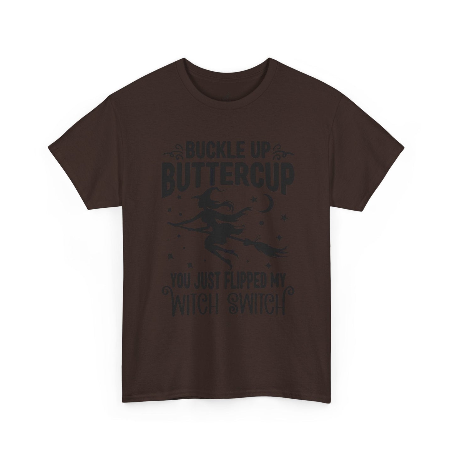 Witchy Humor Tee - Buckle Up Buttercup, Unisex Heavy Cotton Tee, Halloween Shirt, Casual Wear, Gift for Her, Funny T-Shirt - Metamorphosis Creations