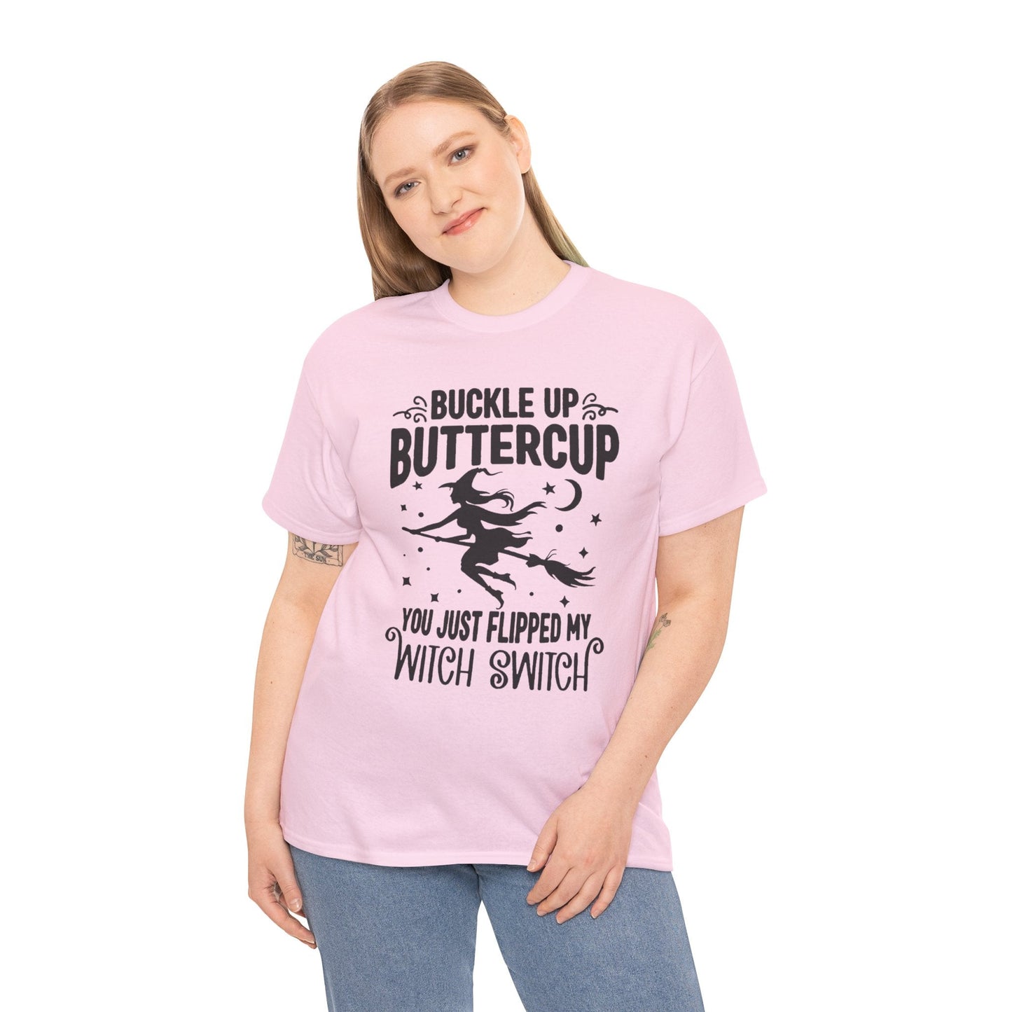 Witchy Humor Tee - Buckle Up Buttercup, Unisex Heavy Cotton Tee, Halloween Shirt, Casual Wear, Gift for Her, Funny T-Shirt - Metamorphosis Creations