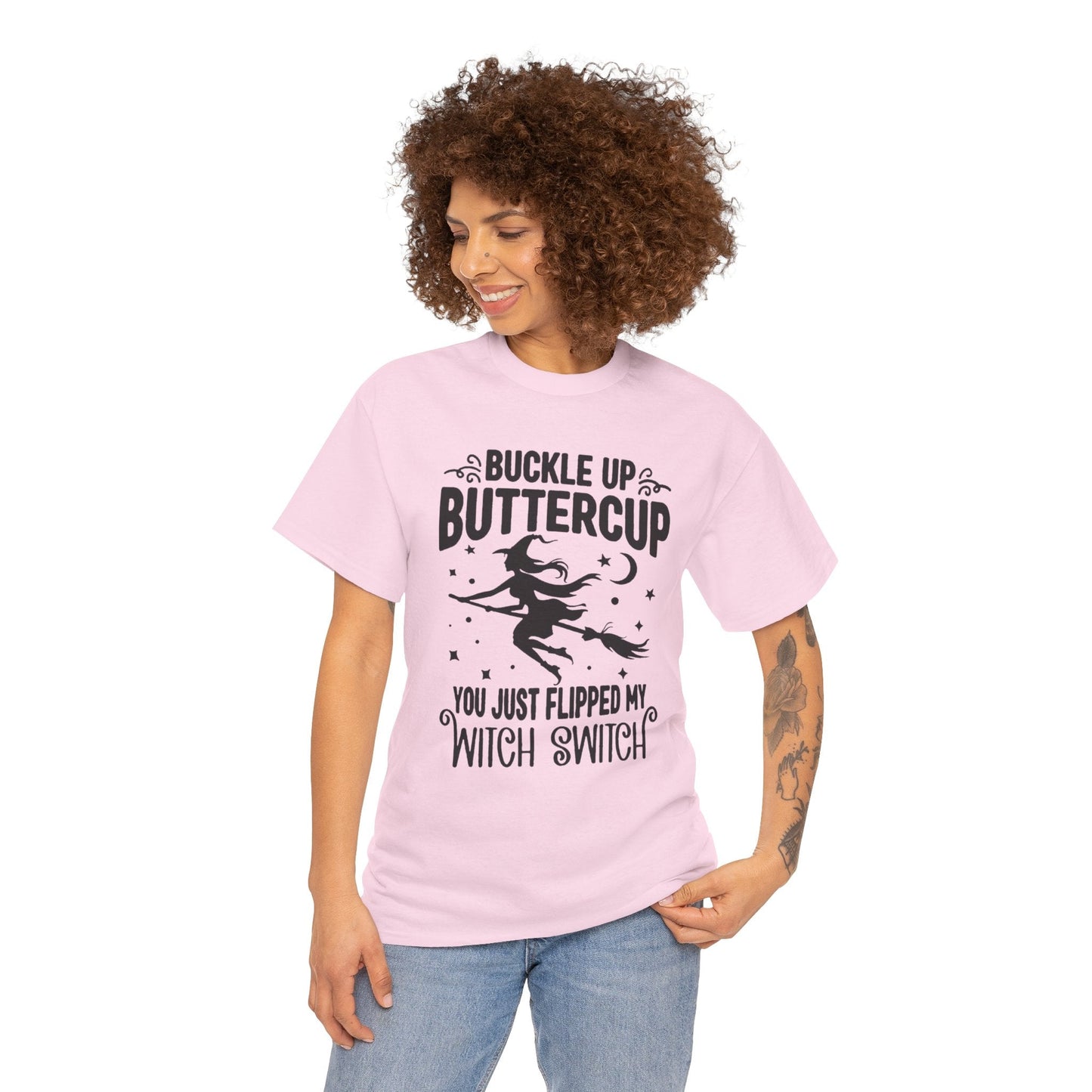 Witchy Humor Tee - Buckle Up Buttercup, Unisex Heavy Cotton Tee, Halloween Shirt, Casual Wear, Gift for Her, Funny T-Shirt - Metamorphosis Creations