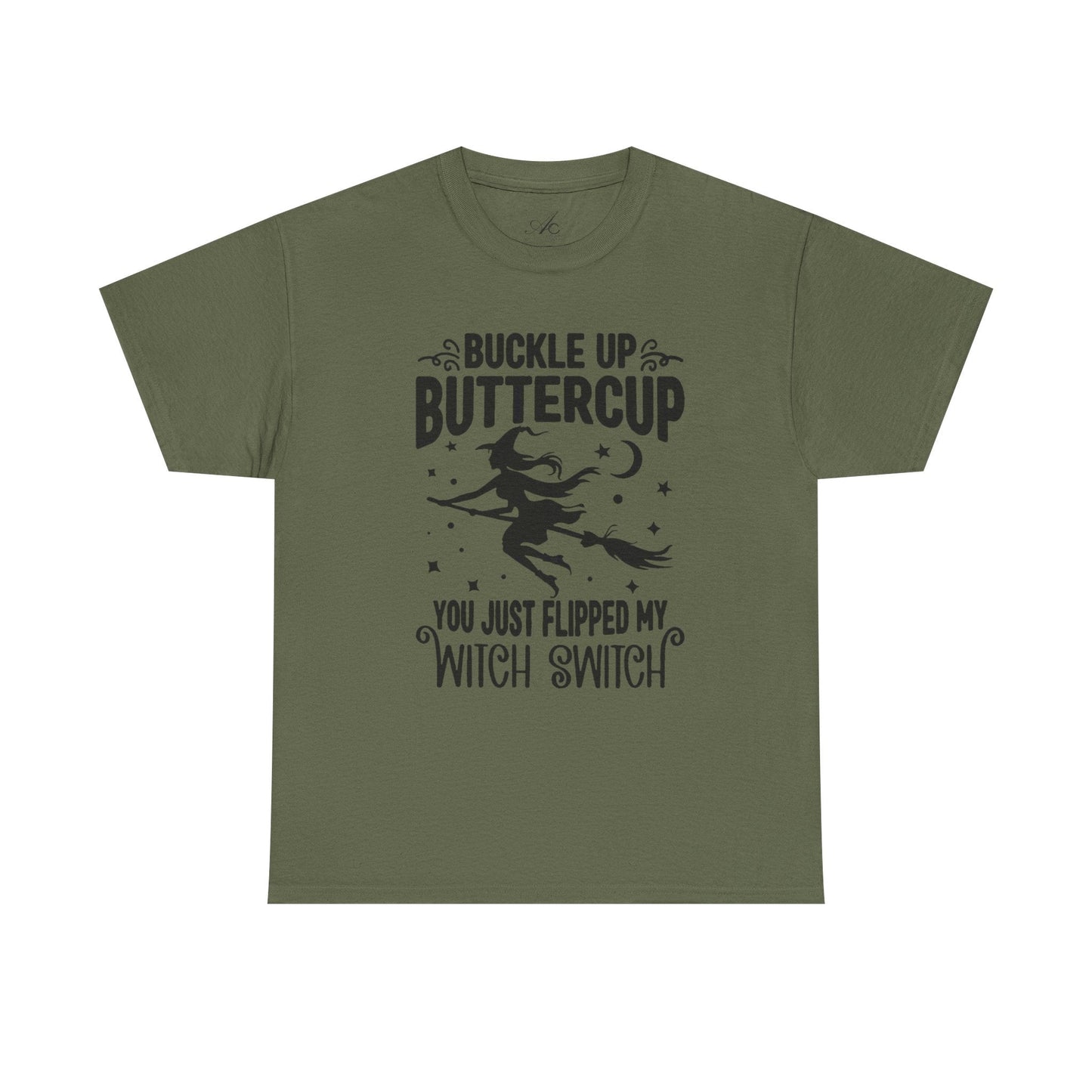 Witchy Humor Tee - Buckle Up Buttercup, Unisex Heavy Cotton Tee, Halloween Shirt, Casual Wear, Gift for Her, Funny T-Shirt - Metamorphosis Creations
