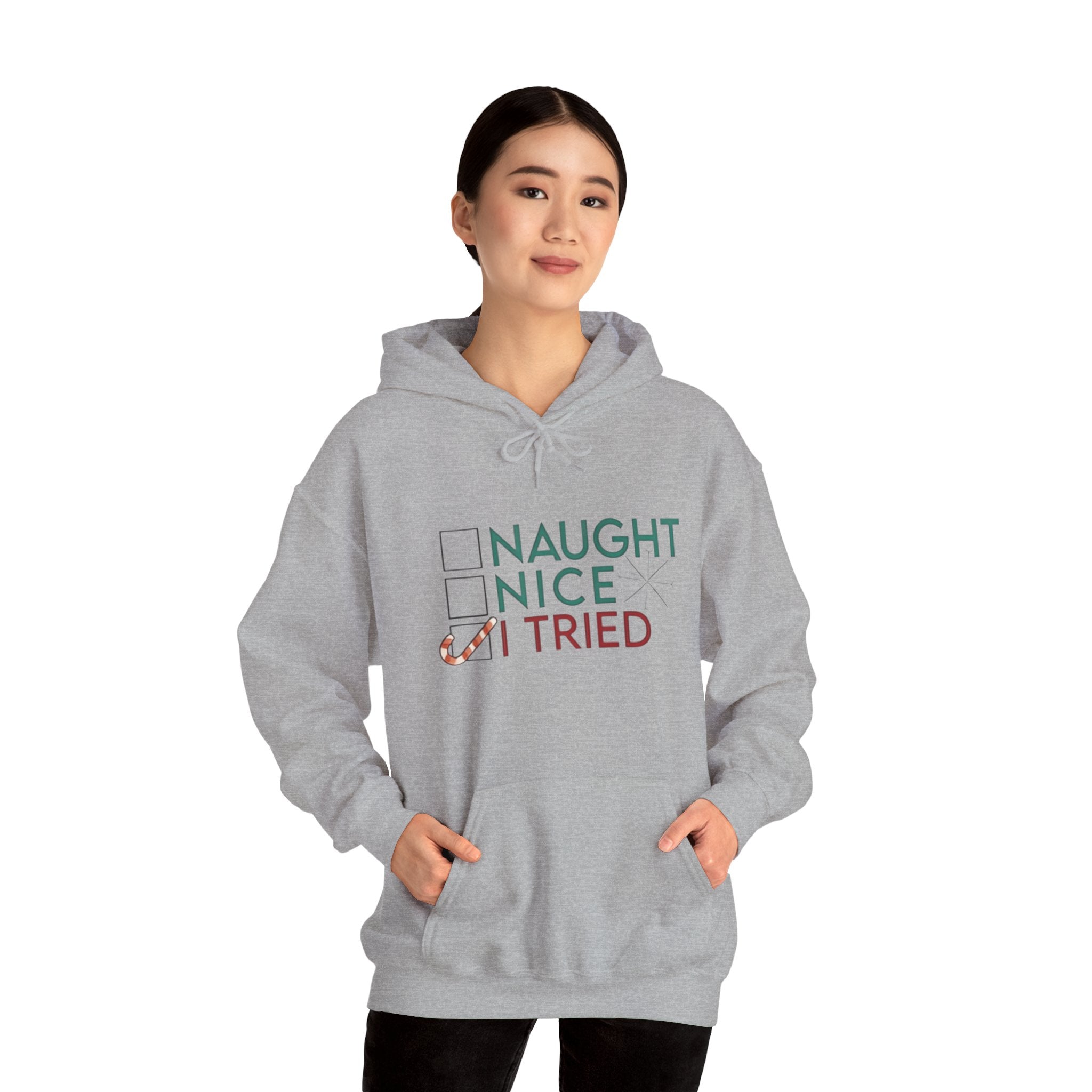 Holiday Hoodie — "Naughty, Nice, I Tried" Funny Christmas Sweatshirt