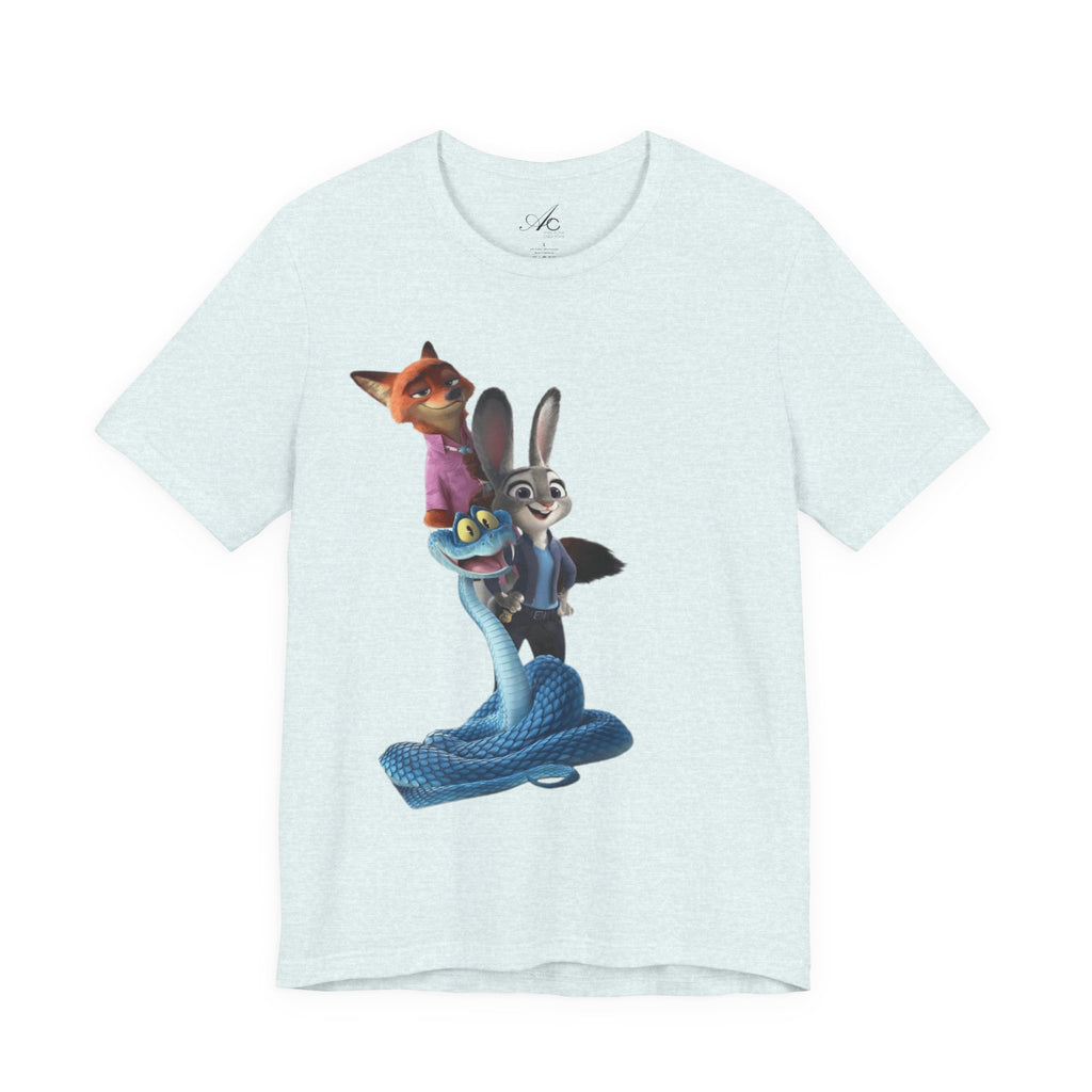 Animated Character Tee — Cute Fox & Bunny Stack Graphic T-Shirt  cartoon-style Christmas artwork