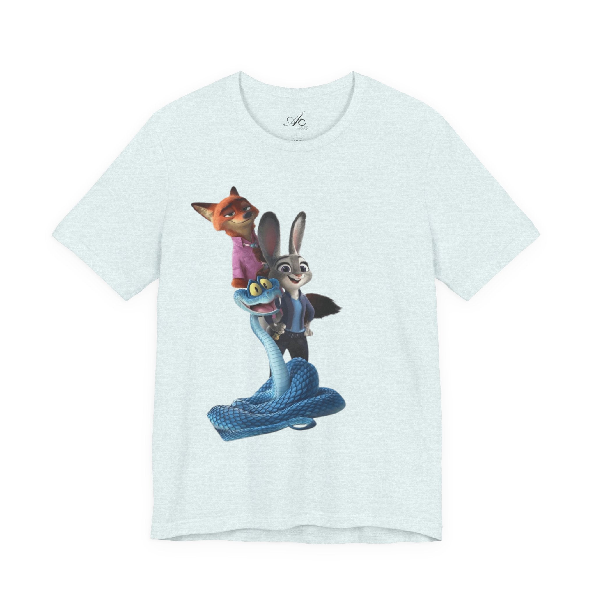 Animated Character Tee — Cute Fox & Bunny Stack Graphic T-Shirt  cartoon-style Christmas artwork