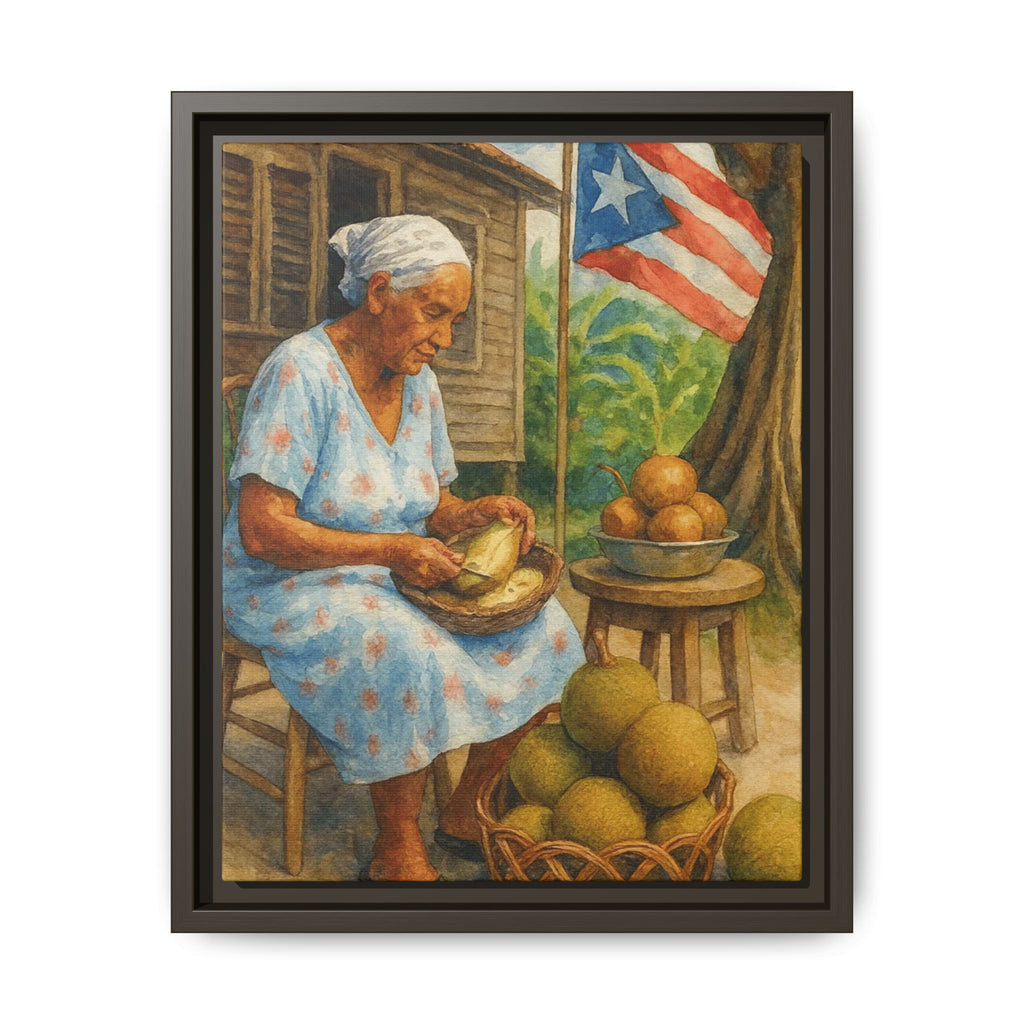 Cultural & Story-Driven These Puerto Rico inspired  Framed Matte Canvas Print  Woman Shelling Fruit Vintage Tropical Painting