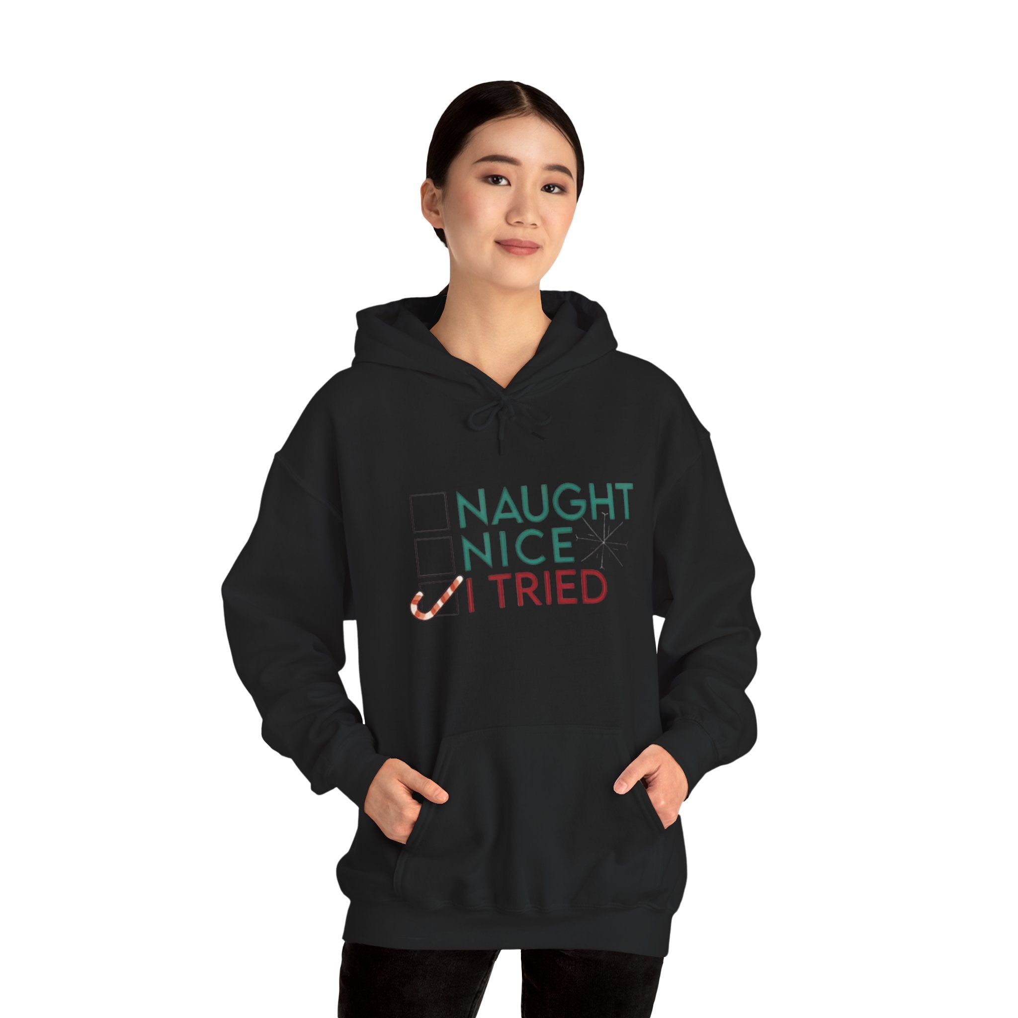 Holiday Hoodie — "Naughty, Nice, I Tried" Funny Christmas Sweatshirt