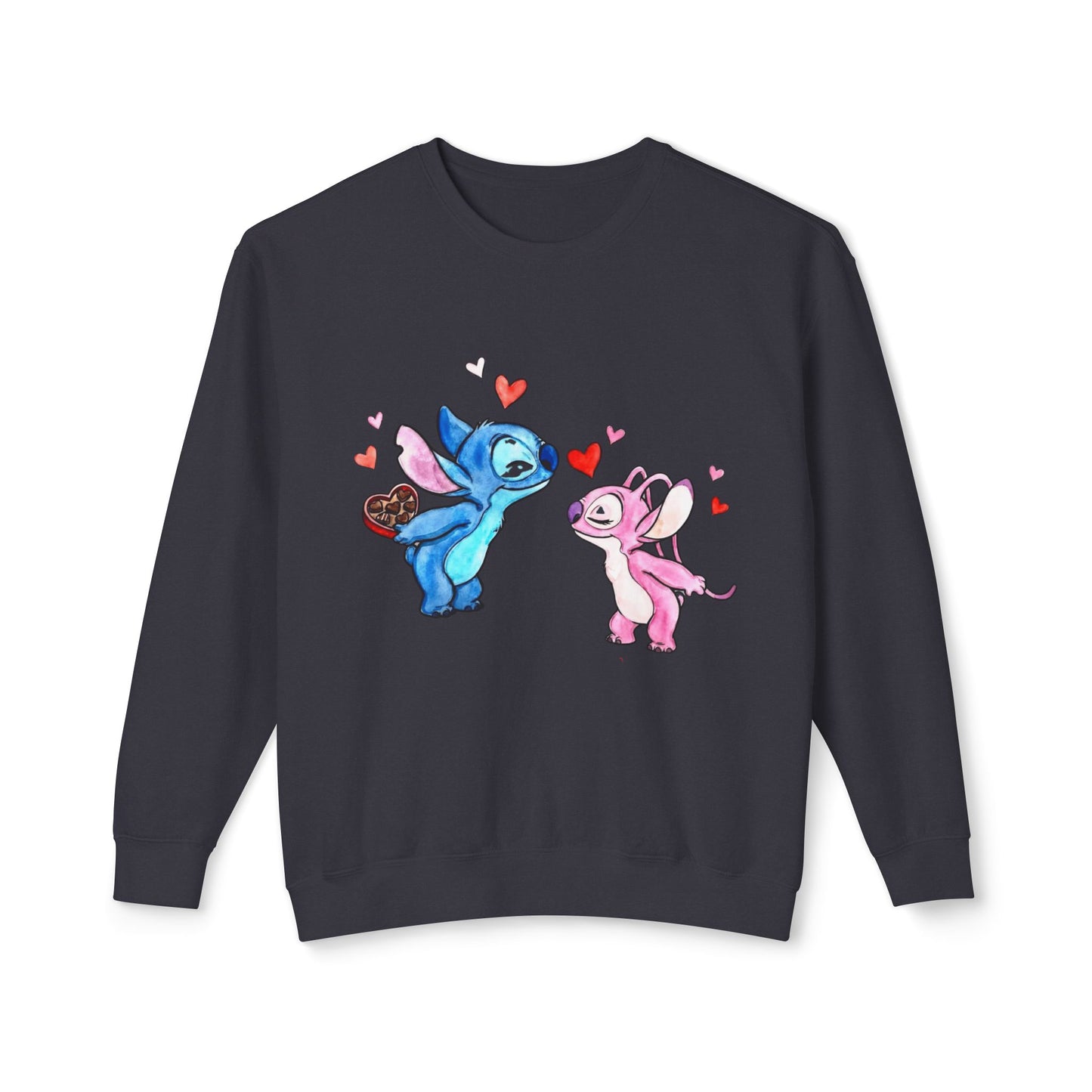 Cute Stitch Valentine Sweatshirt — Blue & Pink Love Characters with Hearts