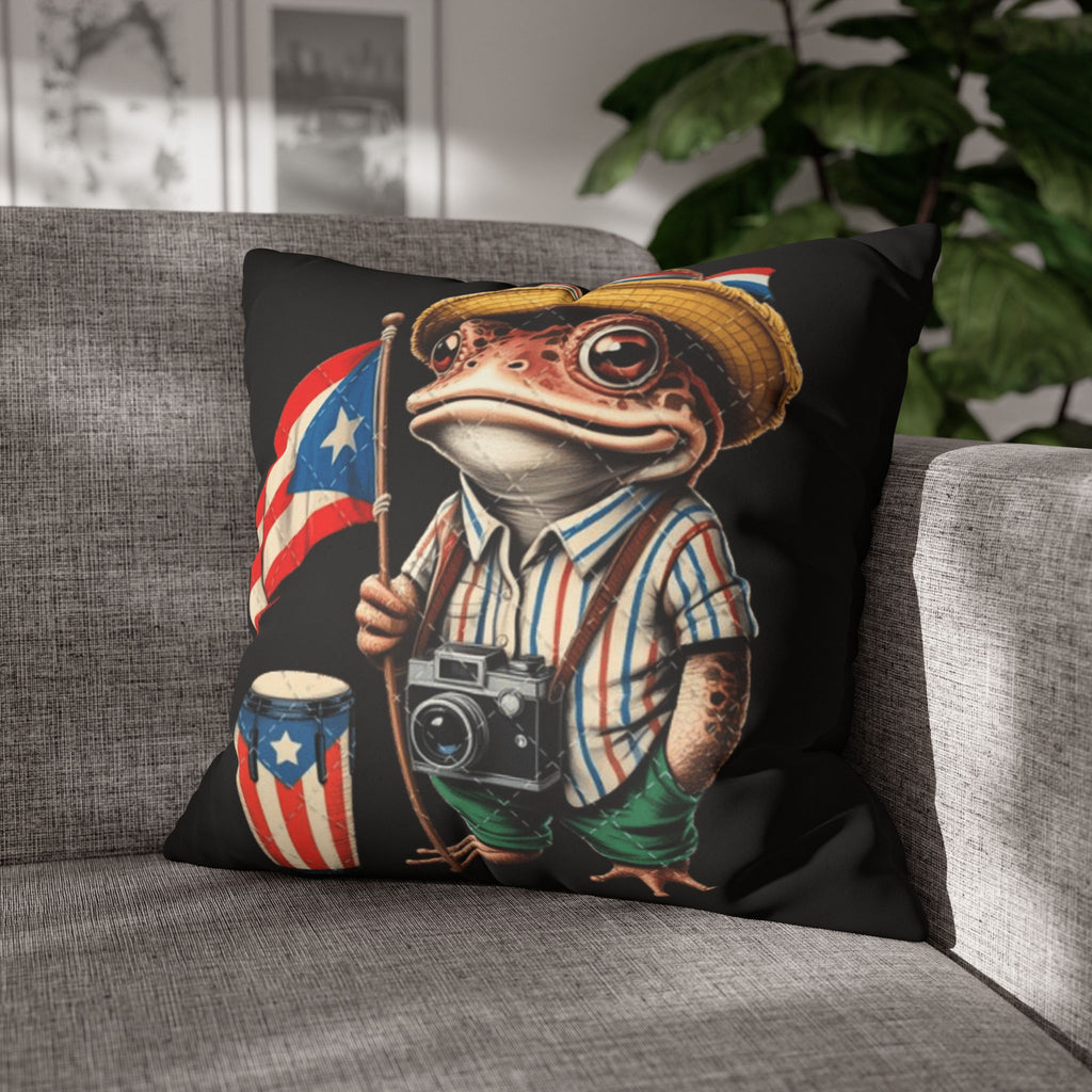 Puerto Rican Flag Frog Faux Suede Pillowcase  Tourist Toad Camera Design Puerto Rico Culture Pillow
