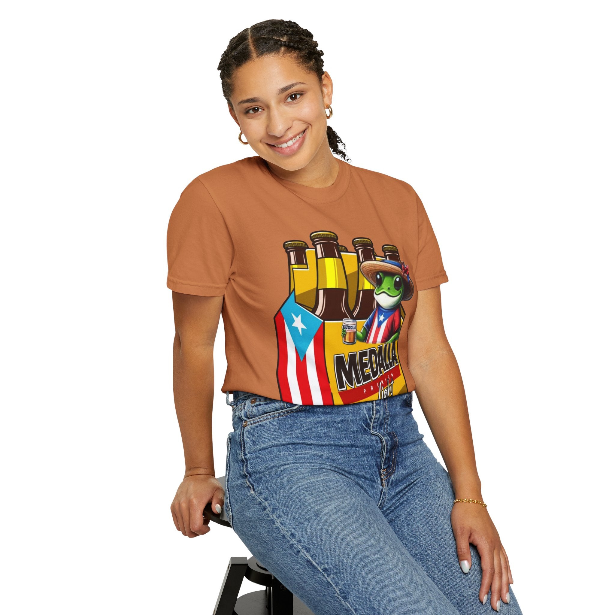 Medalla Light Puerto Rican Beer T-Shirt Coqui Frog Mascot Six-Pack Graphic Tee Puerto Rico’s Navidades